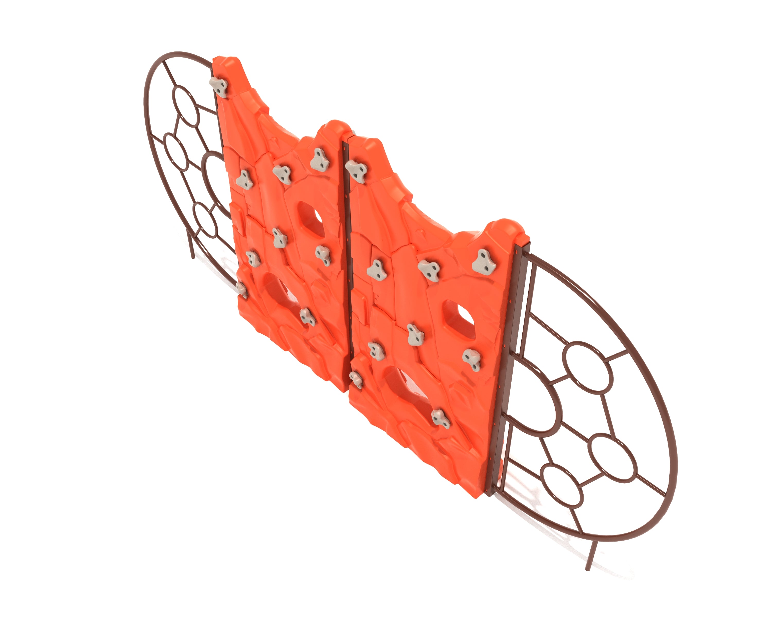 Orange freestanding climbing wall with sculpted rock panels, handholds, peek-through openings, and circular metal end rails