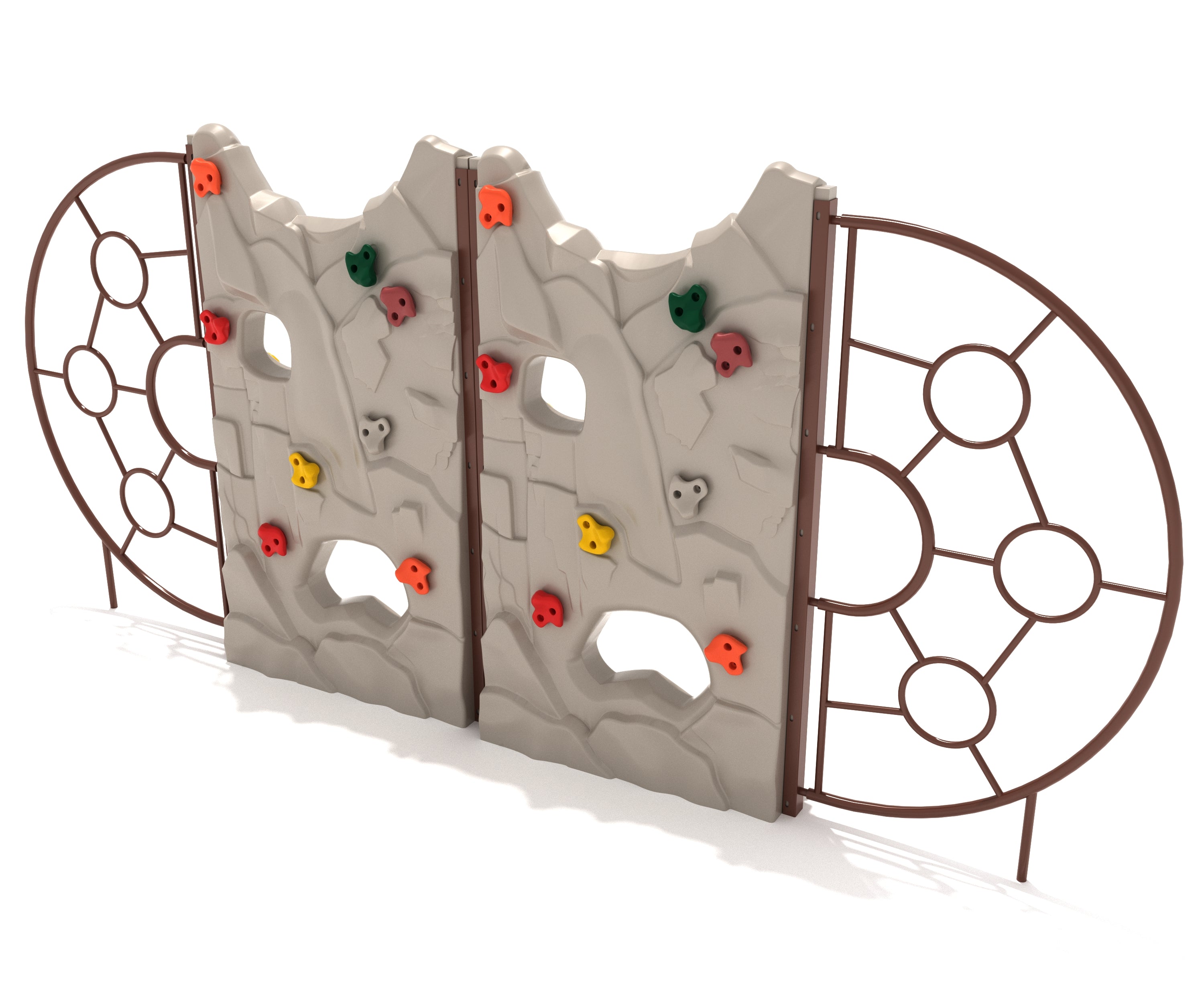 Freestanding climbing wall with sculpted rock panels, colorful handholds, peek-through openings, and circular metal end rails.