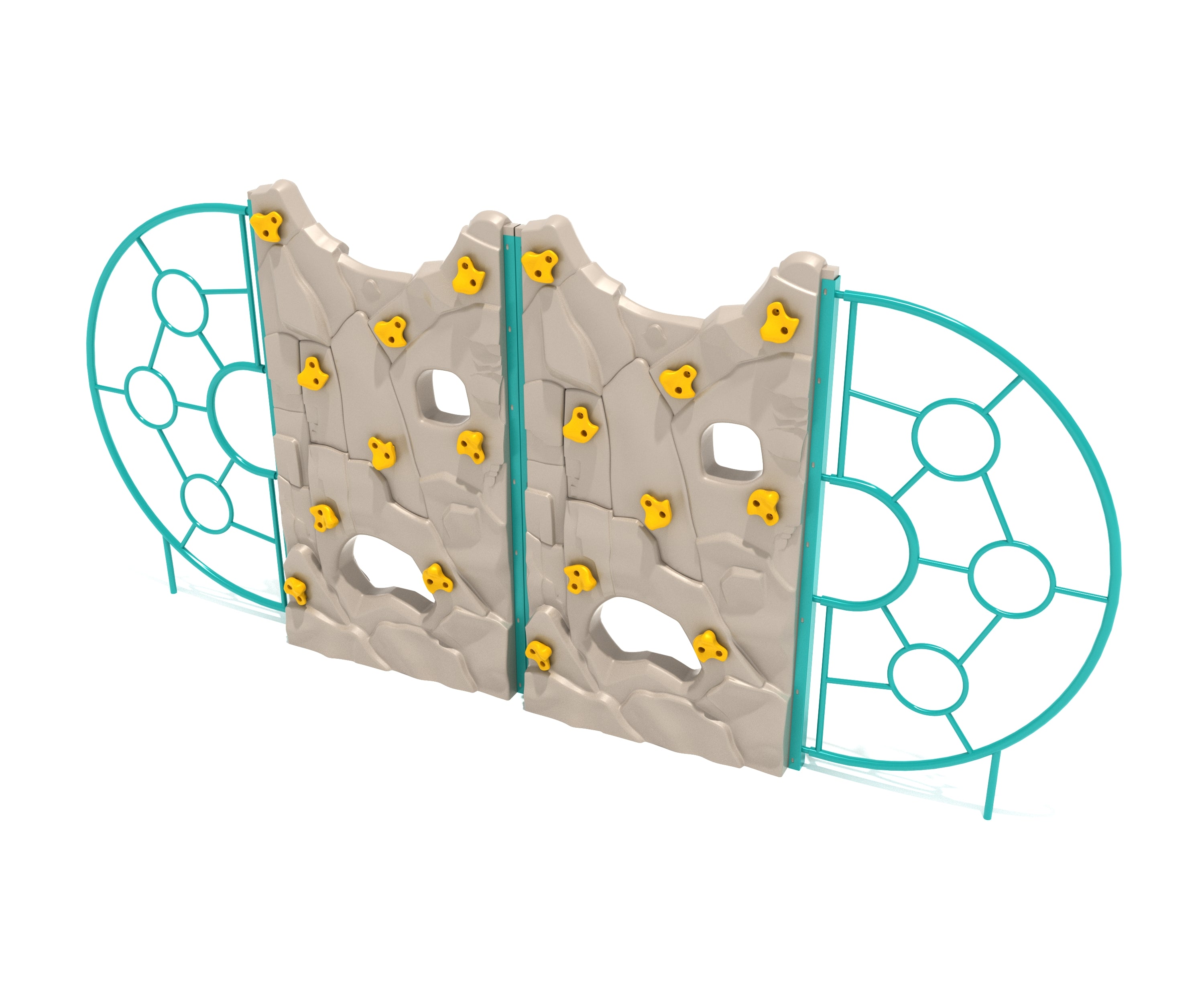 Freestanding playground climbing wall with beige sculpted rock panels, yellow handholds, and teal circular end rails