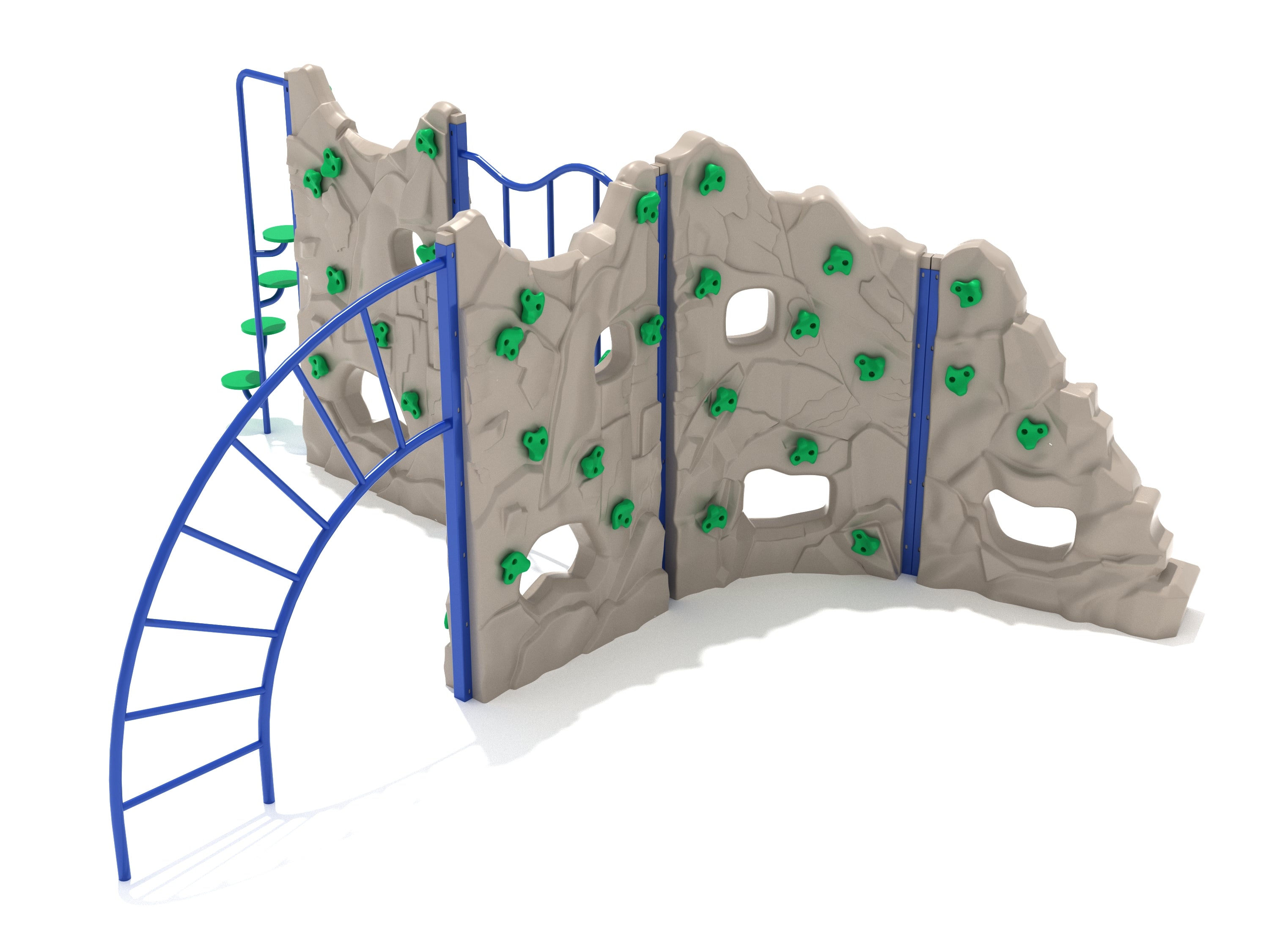 Four-panel playground climber with rock-inspired walls, green handholds, blue arch ladder, and disk stepper.