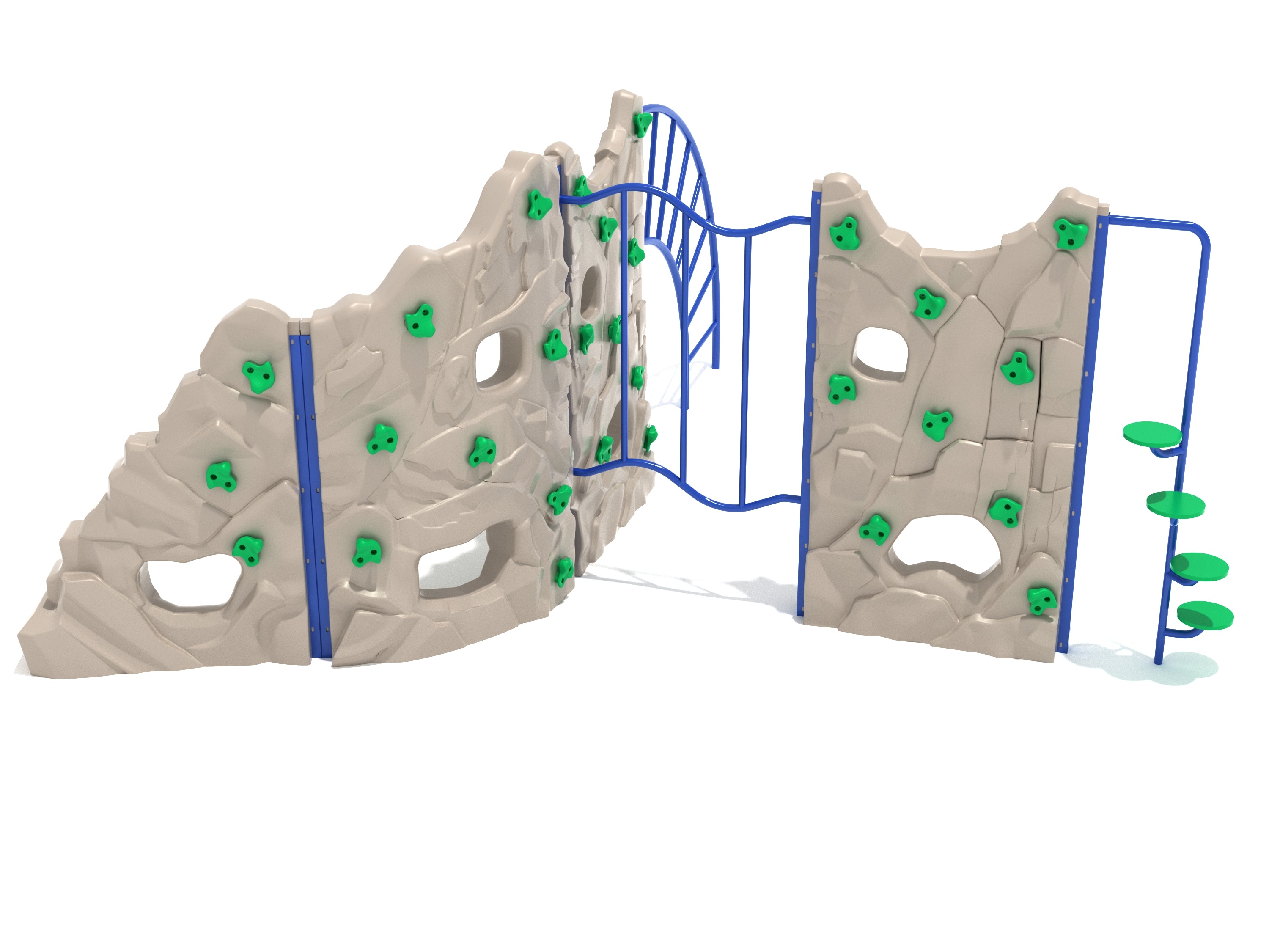 Outdoor four-panel climbing structure with rock-inspired walls, green handholds, blue arch ladder, and disk stepper for active play.