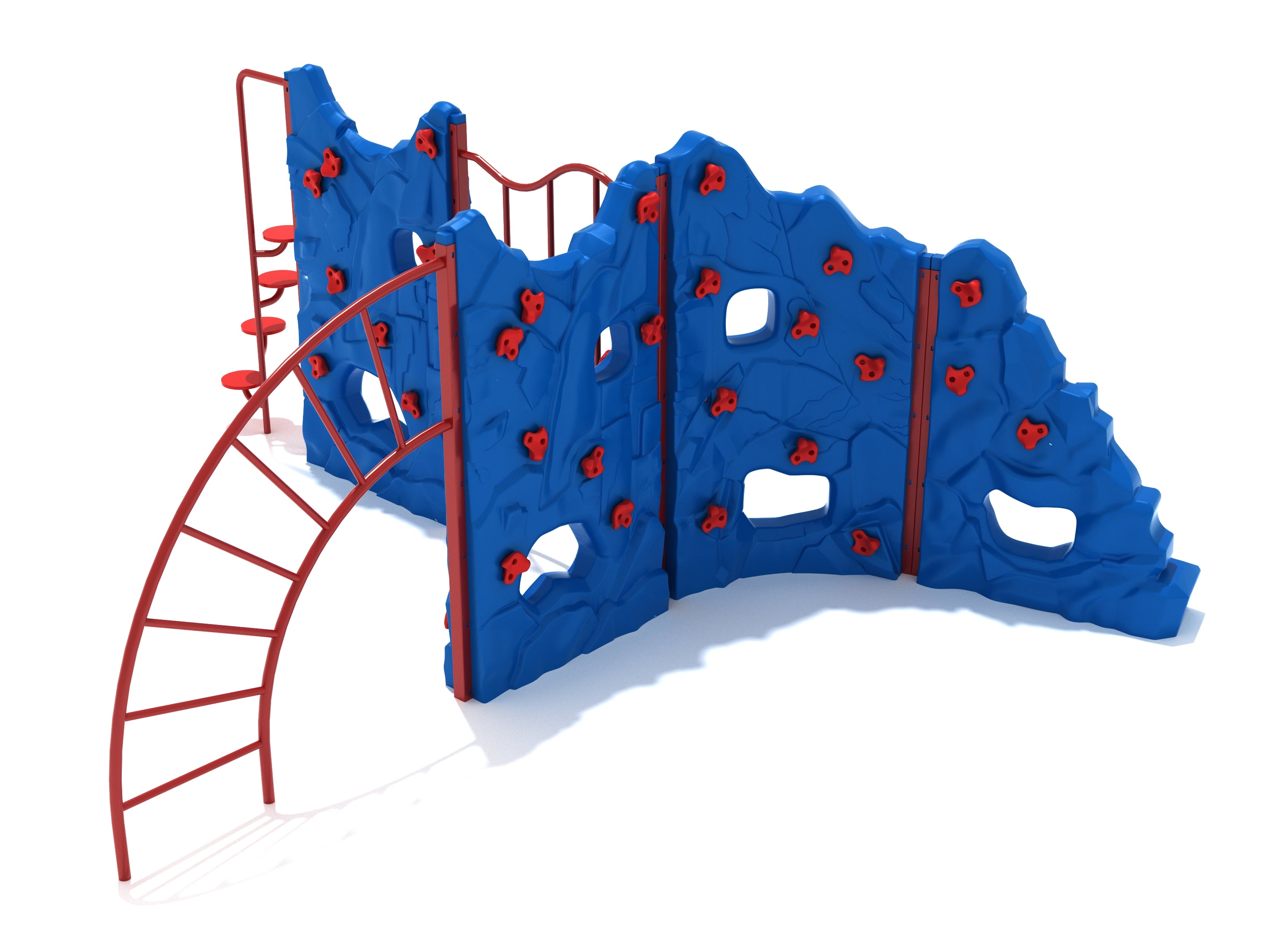 Blue four-panel playground climber with red handholds, arch ladder, window cutouts, and disk stepper for active play