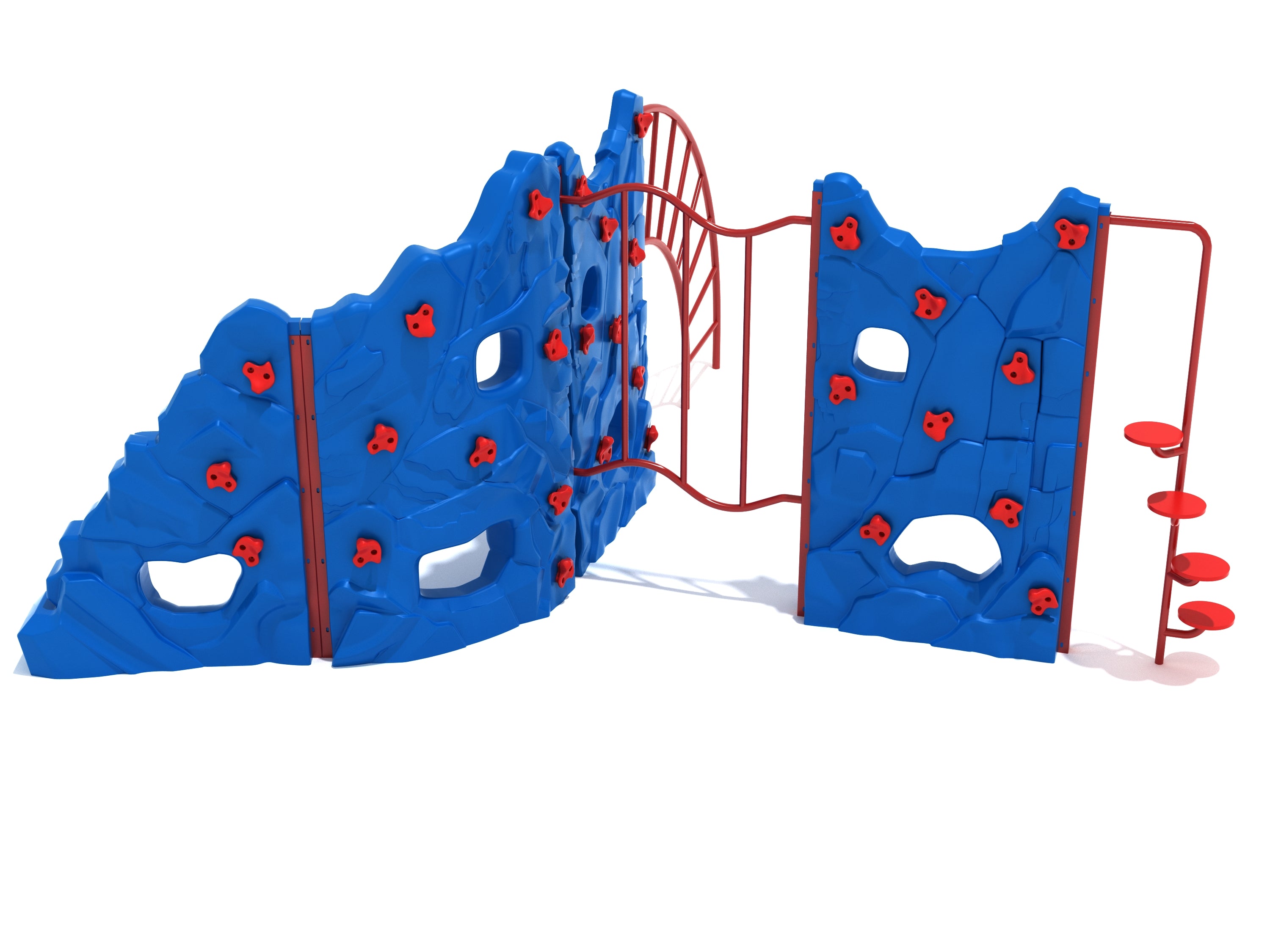 Blue four-panel climbing structure with red handholds, arch ladder, and circular stepper for active outdoor play