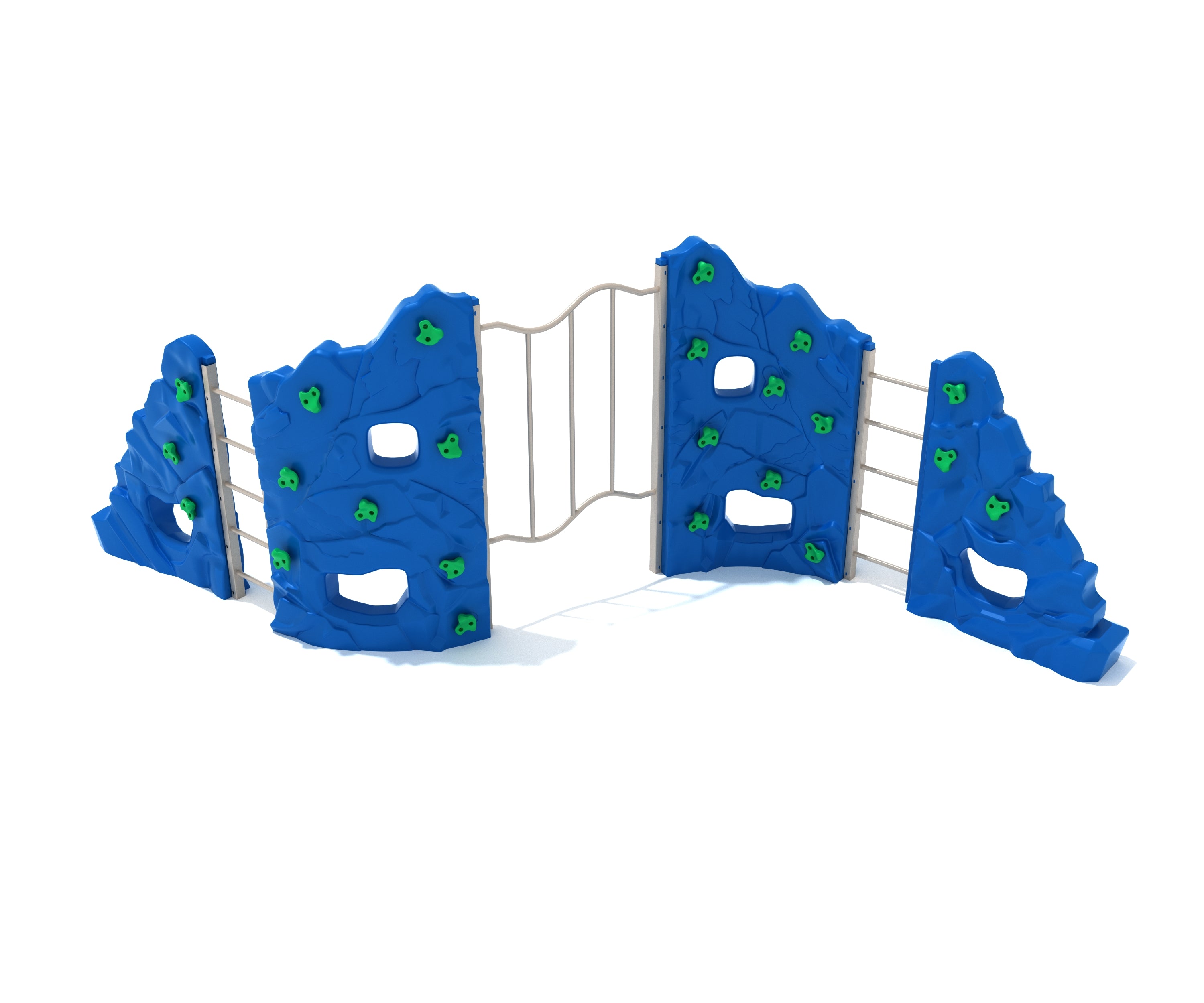 Blue outdoor climbing structure with green handholds, sculpted panels, ladder rungs, and curved connecting rails for active play