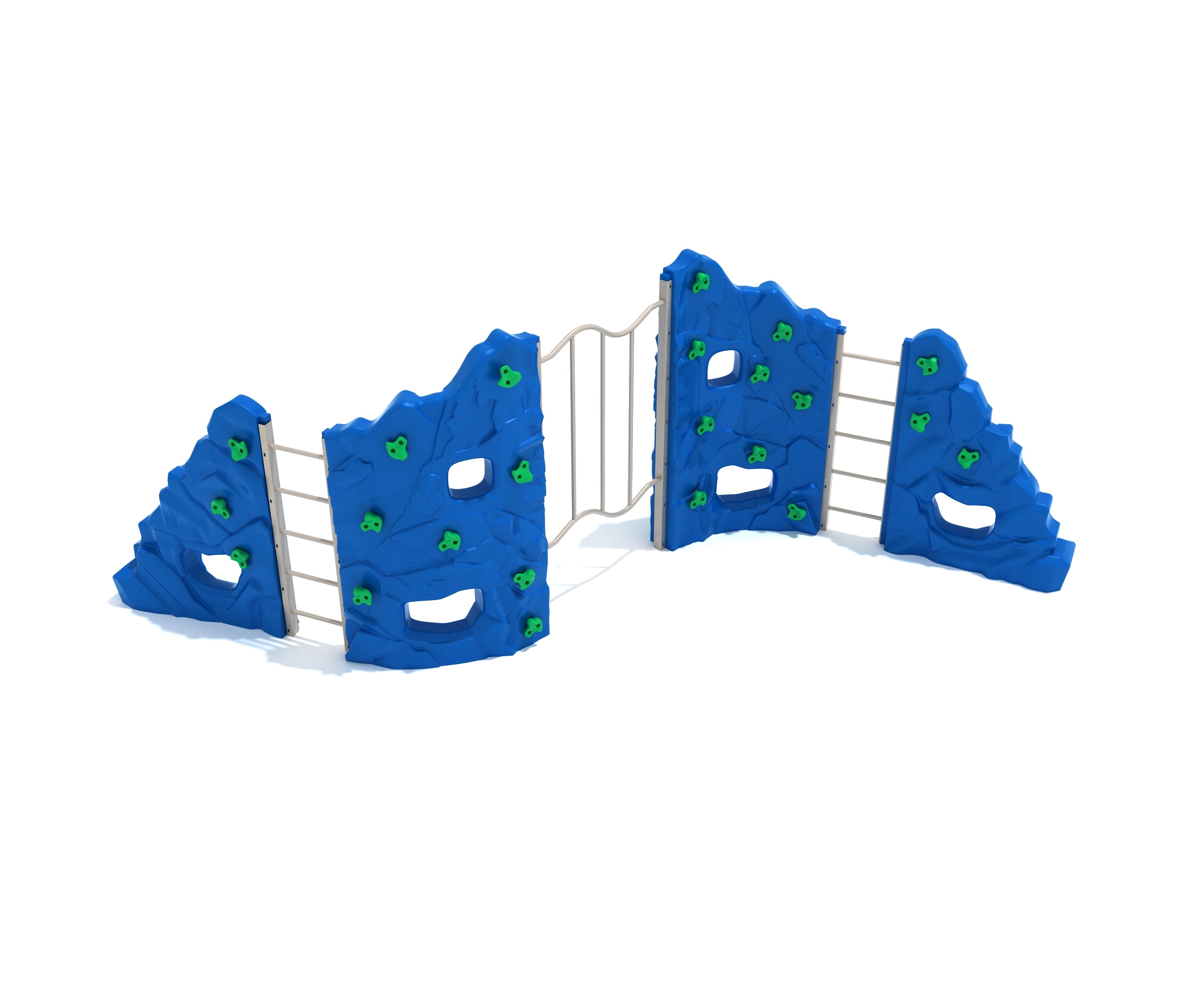 Craggy Mountain Climber with blue sculpted climbing panels, green handholds, metal ladder rungs, and curved connecting rails for outdoor play