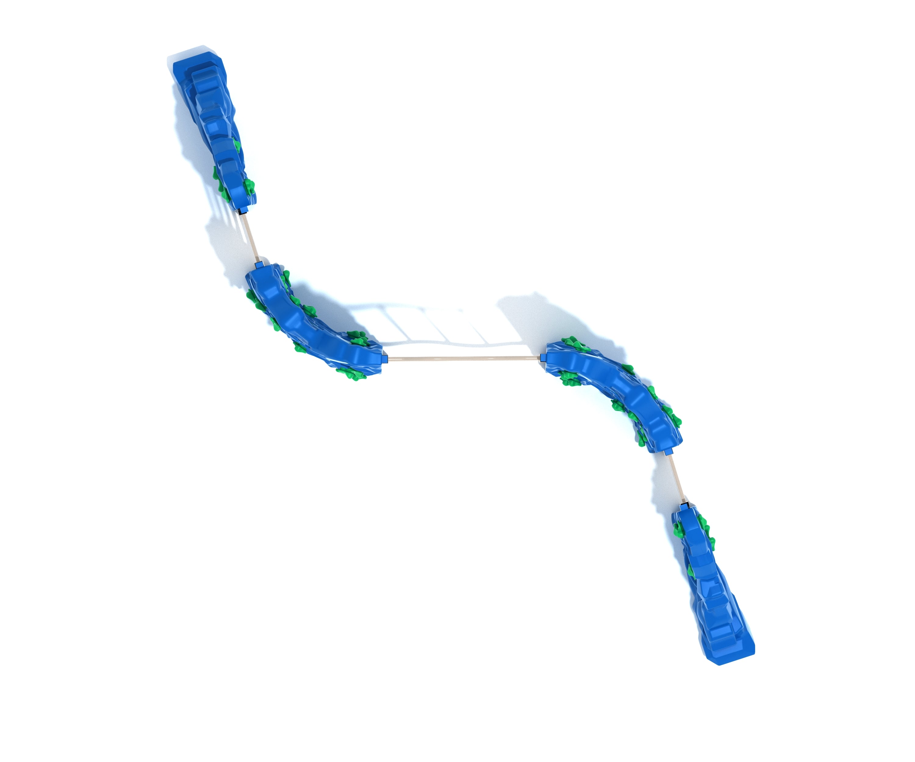 Overhead view of blue modular climbing wall with green handholds and curved connecting rails for playground activity