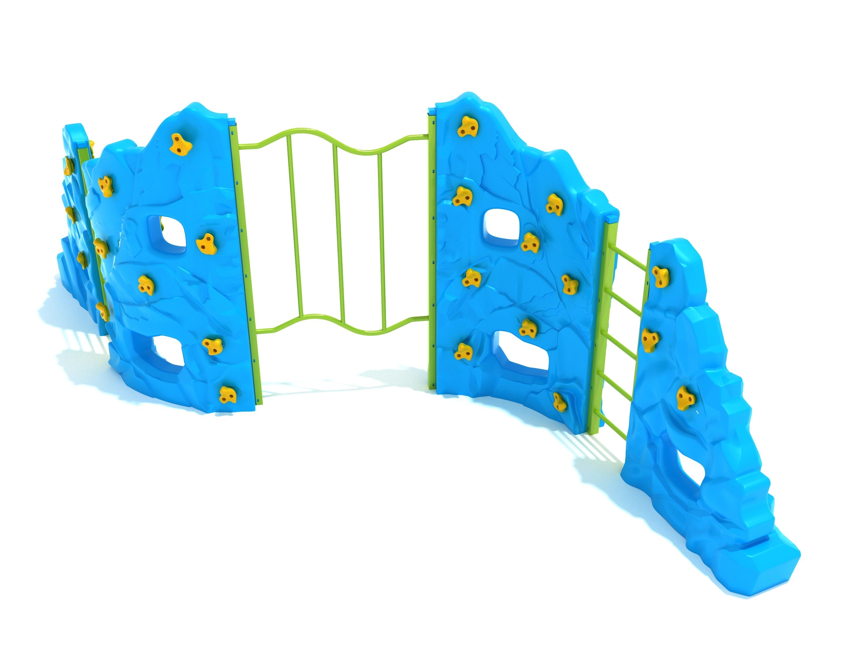 Blue freestanding outdoor climbing wall with yellow handholds, green connecting rails, and peek-through openings for children's active play
