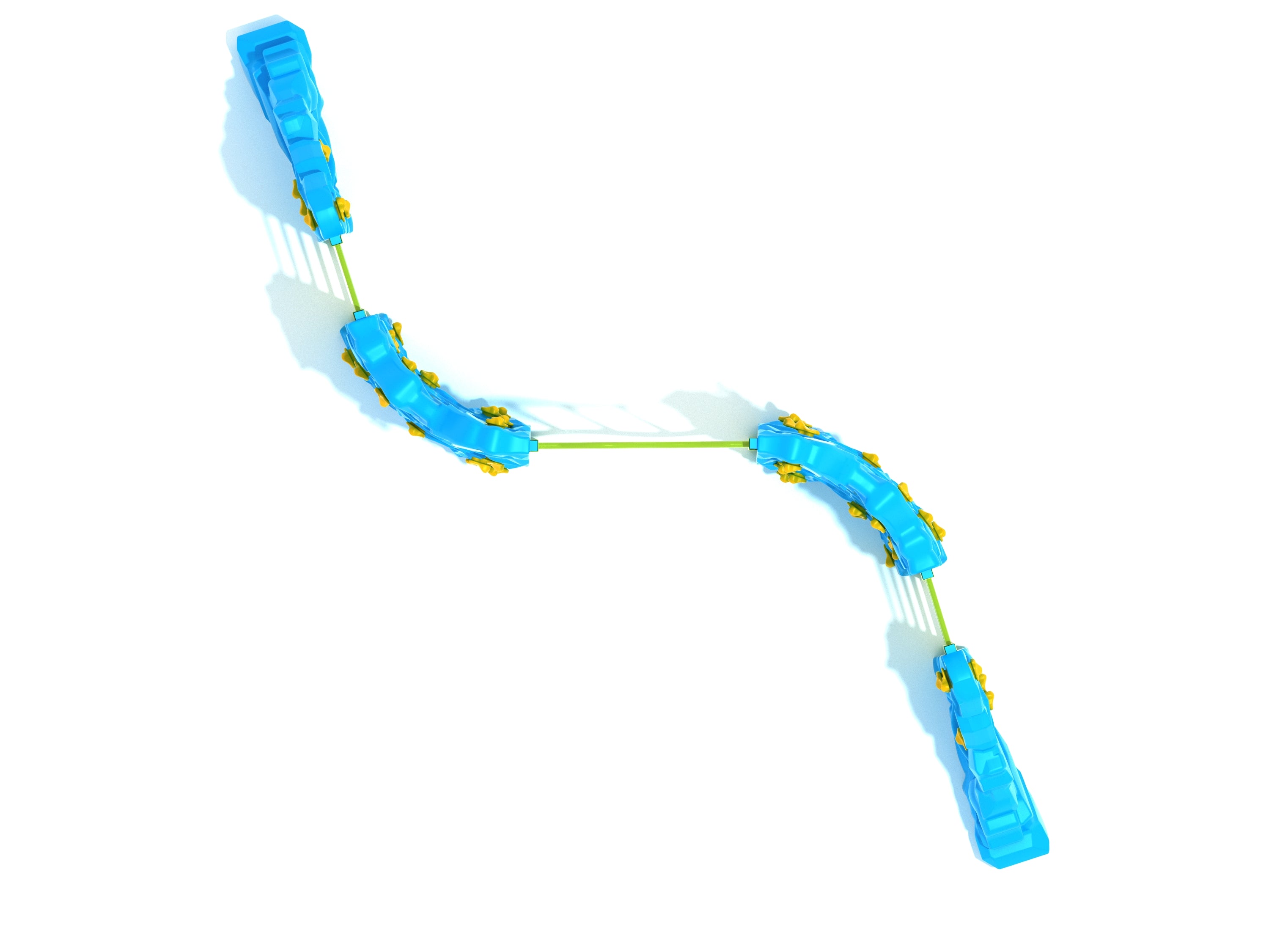 Overhead view of a blue modular climbing structure with yellow handholds and green connecting rails for outdoor play
