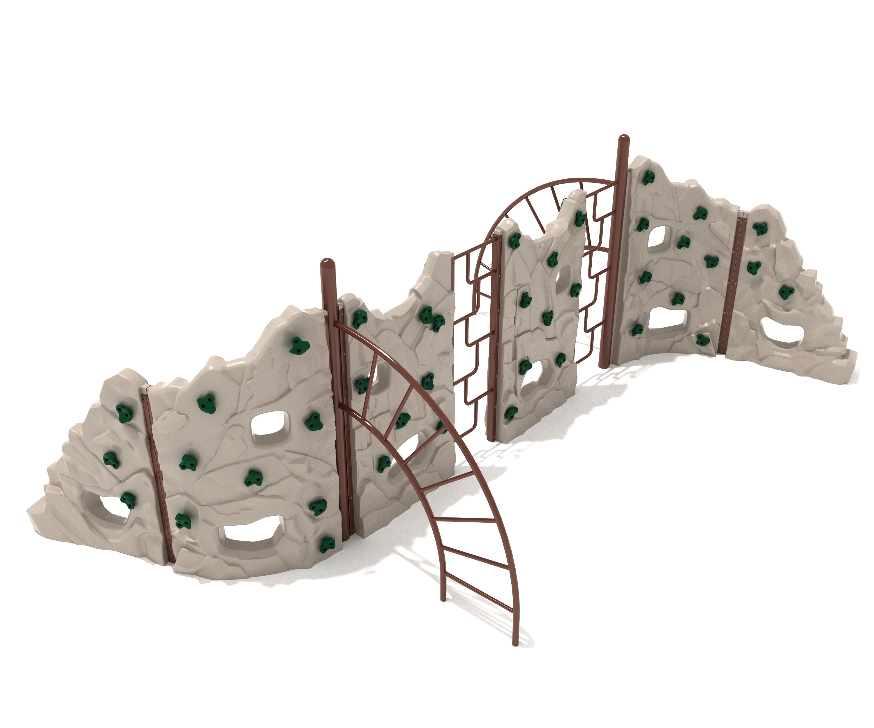 Beige freestanding climbing wall with green handholds and brown curved metal ladders for playground fitness and skill-building