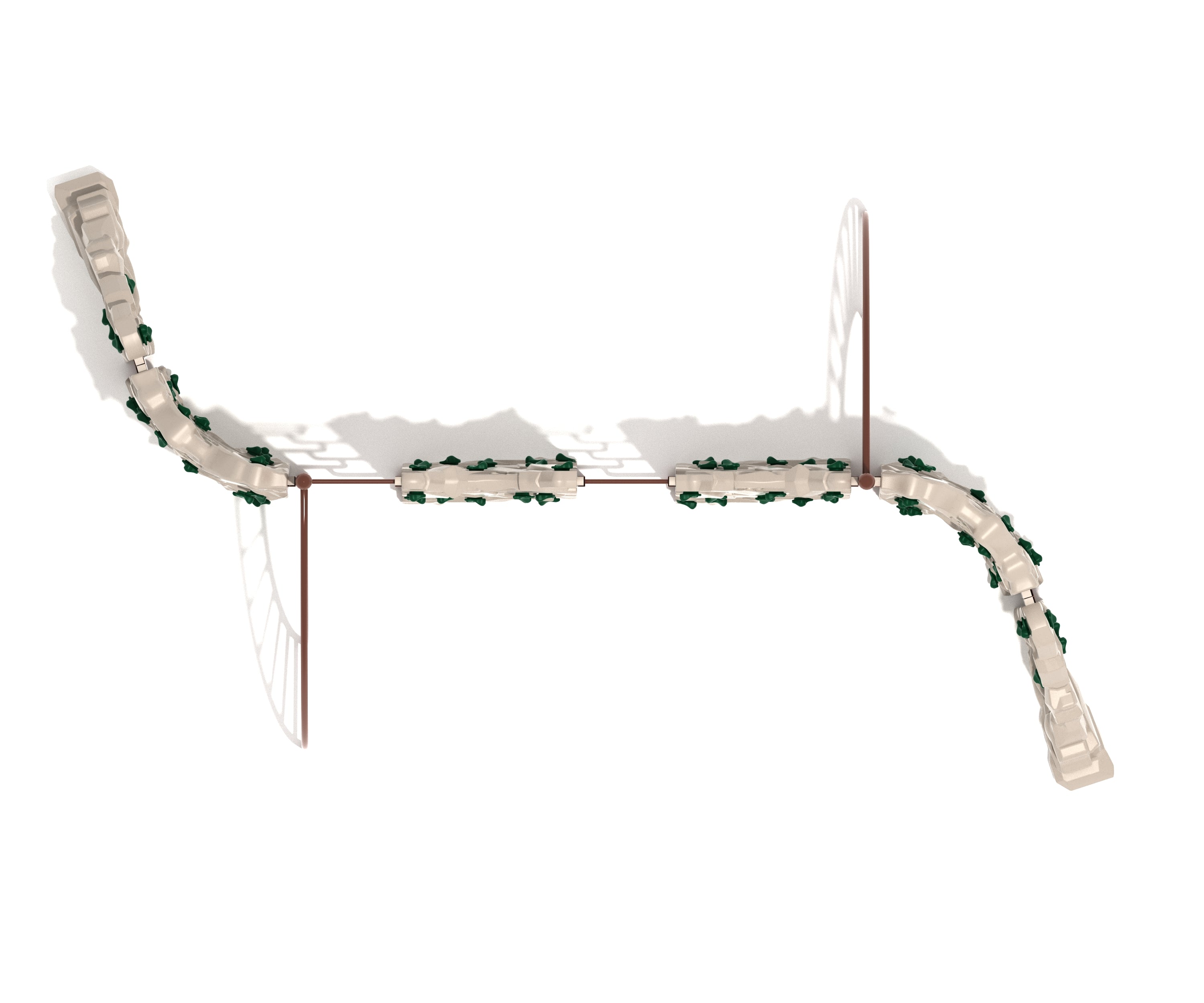 Overhead view of beige and green six-panel climbing structure with curved rock panels, ladder connectors, and handholds