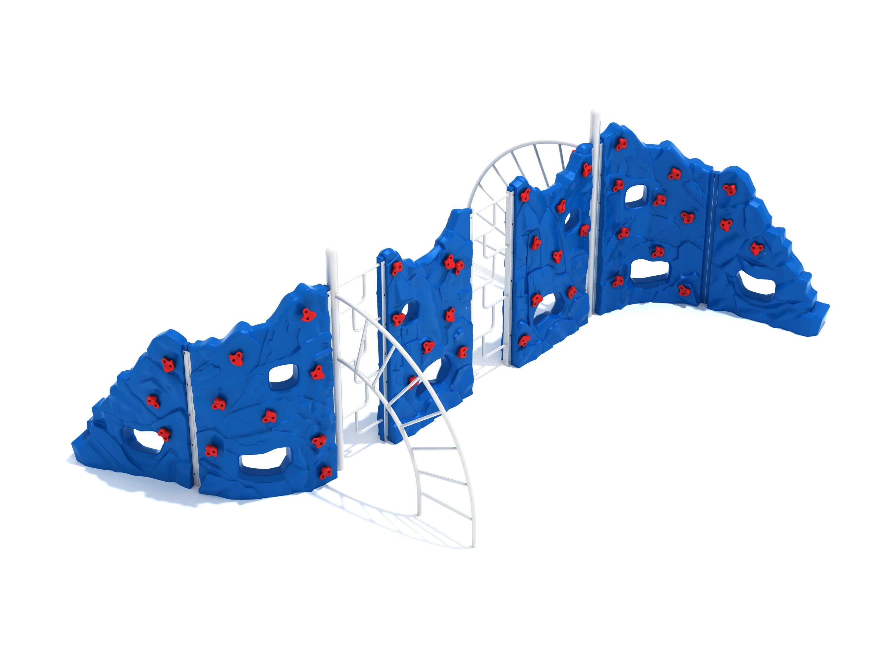 Blue six-panel climbing wall with red handholds and white curved ladder connectors for playground fitness and skill-building