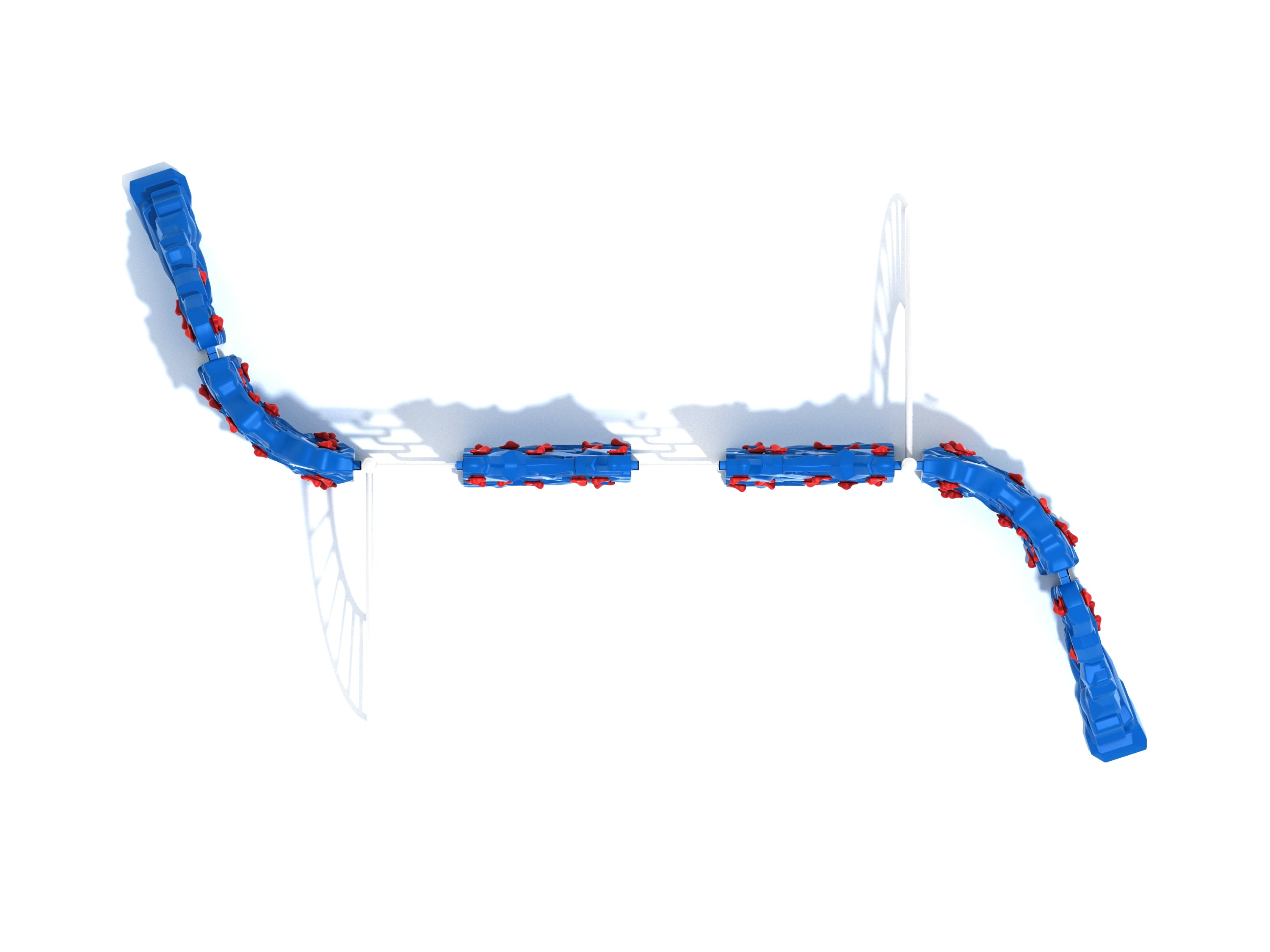 Overhead view of blue climbing structure with red rock holds, curved ladder connectors, and multiple play routes for skill-building