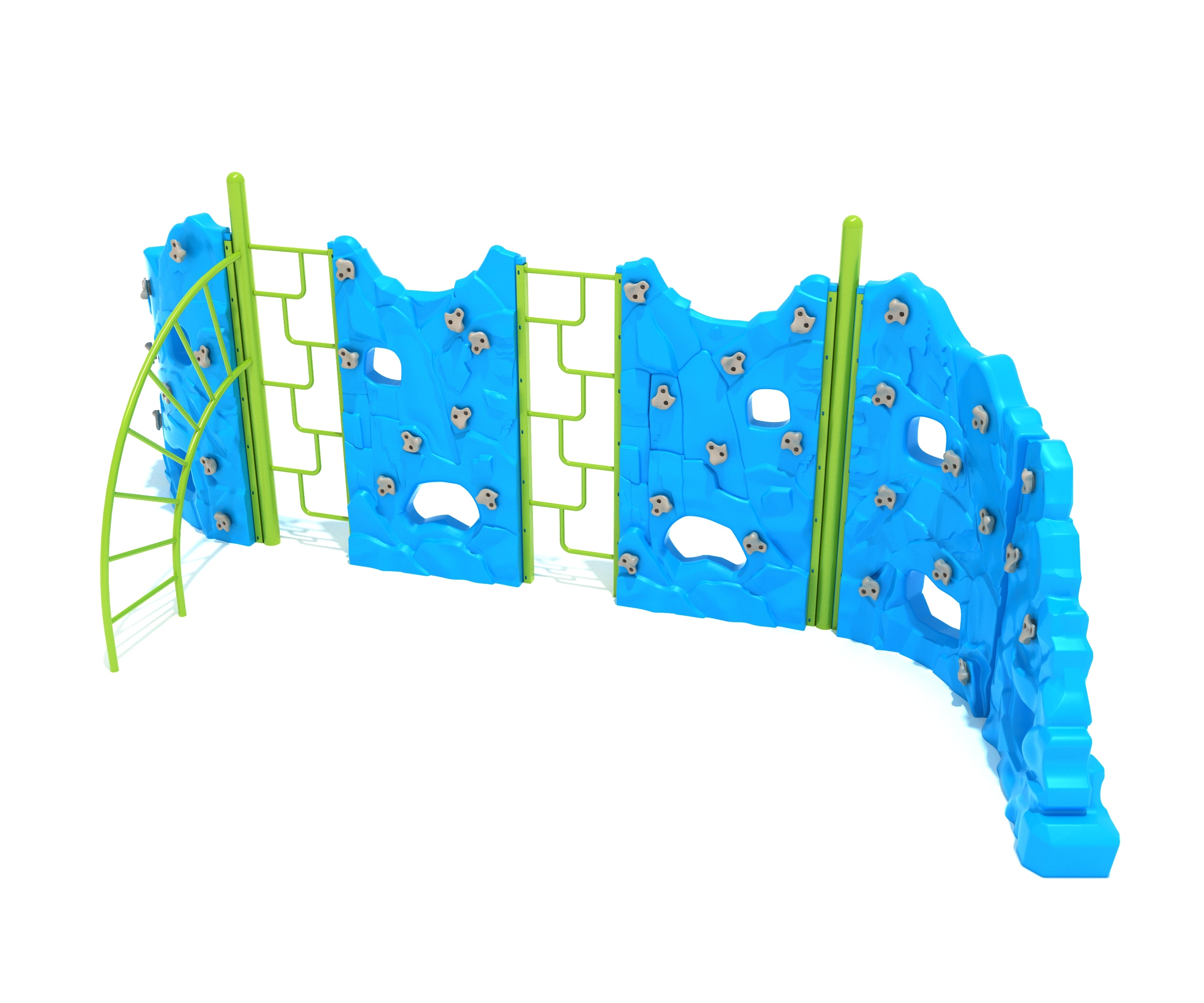 Curved blue climbing wall panels with gray handholds and green metal arc ladder connectors for playground activity