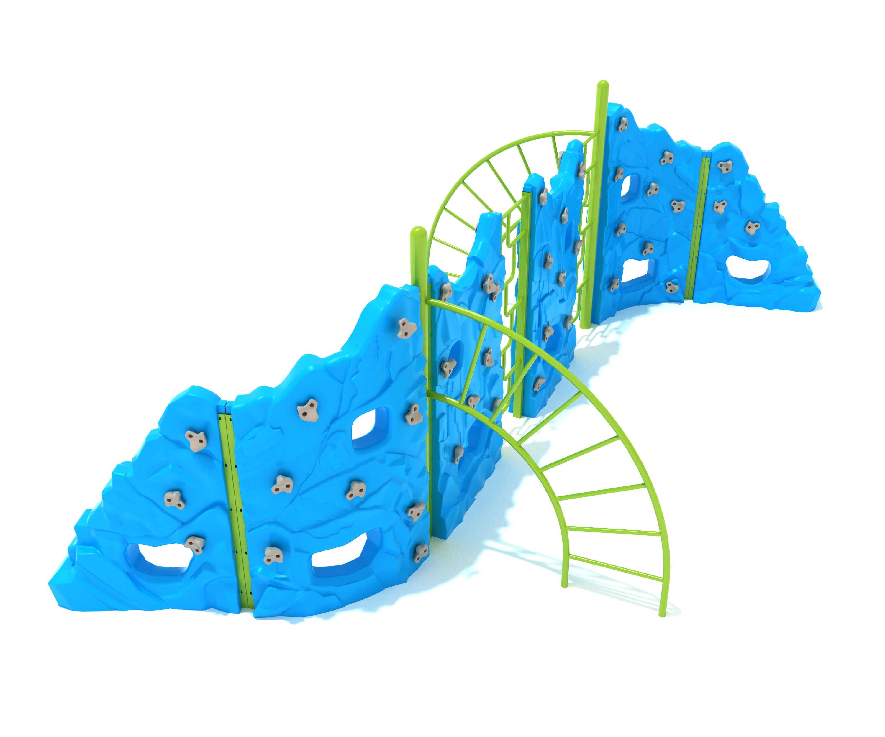 Six Panel Craggy Horn Climber with blue sculpted rock panels and green curved ladder connectors for active playground climbing