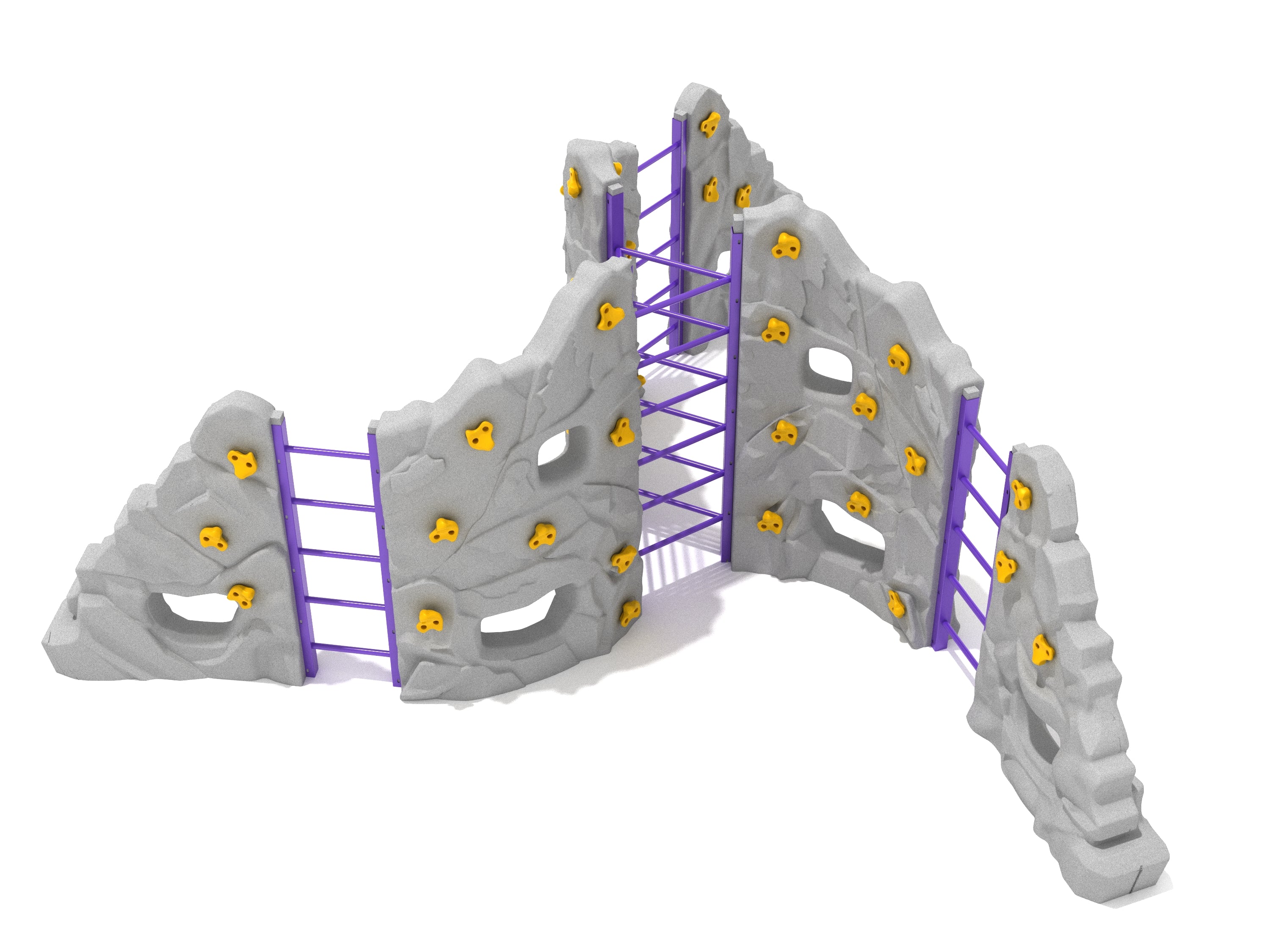 Freestanding playground climbing structure with gray textured panels, yellow rock holds, and purple ladders and bars for active play and coordination