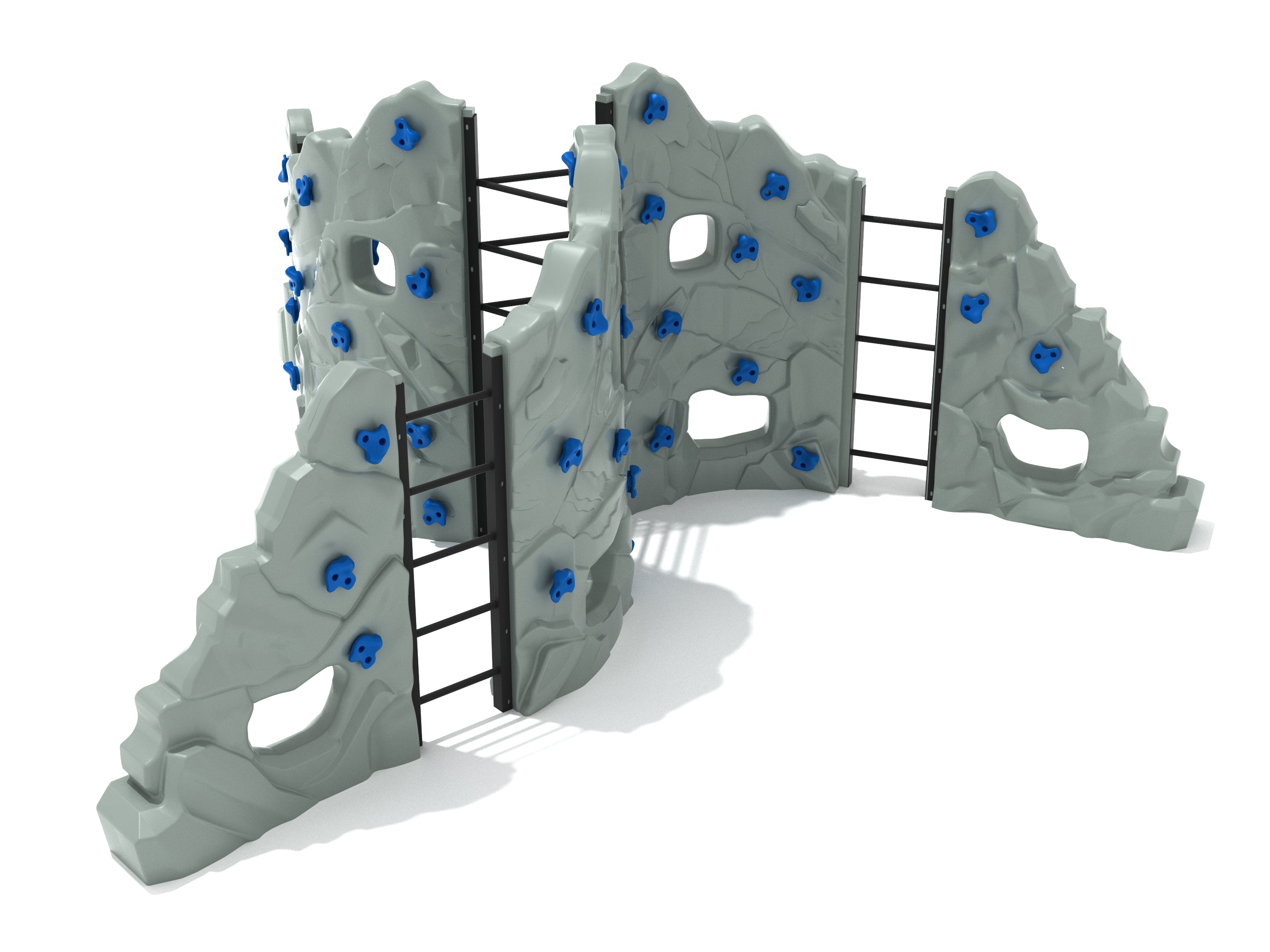 Craggy Mantle Climber playground equipment with gray rock walls, blue holds, ladders, and peek-through openings for active climbing and play