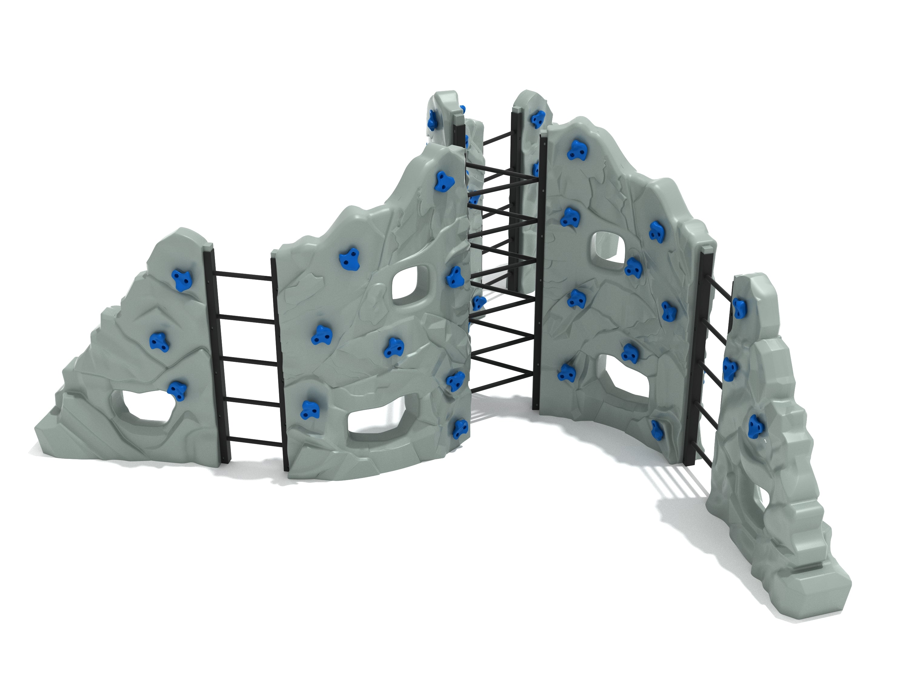 Freestanding gray climbing wall with blue rock holds, black ladders, and peek-through openings for playground climbing and play