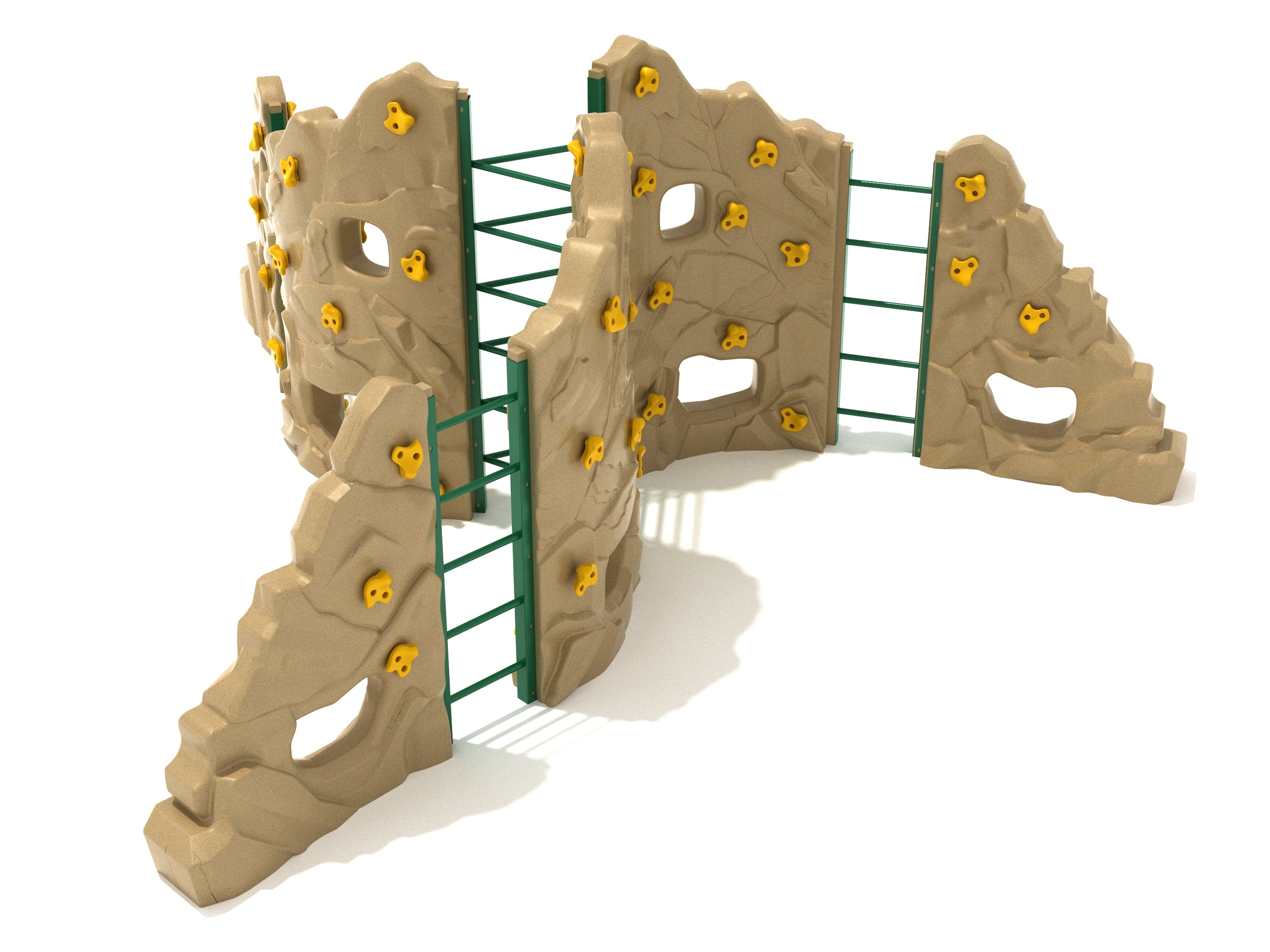 Beige playground climbing wall with yellow rock holds, green metal ladders, and multiple peek-through openings for active play.