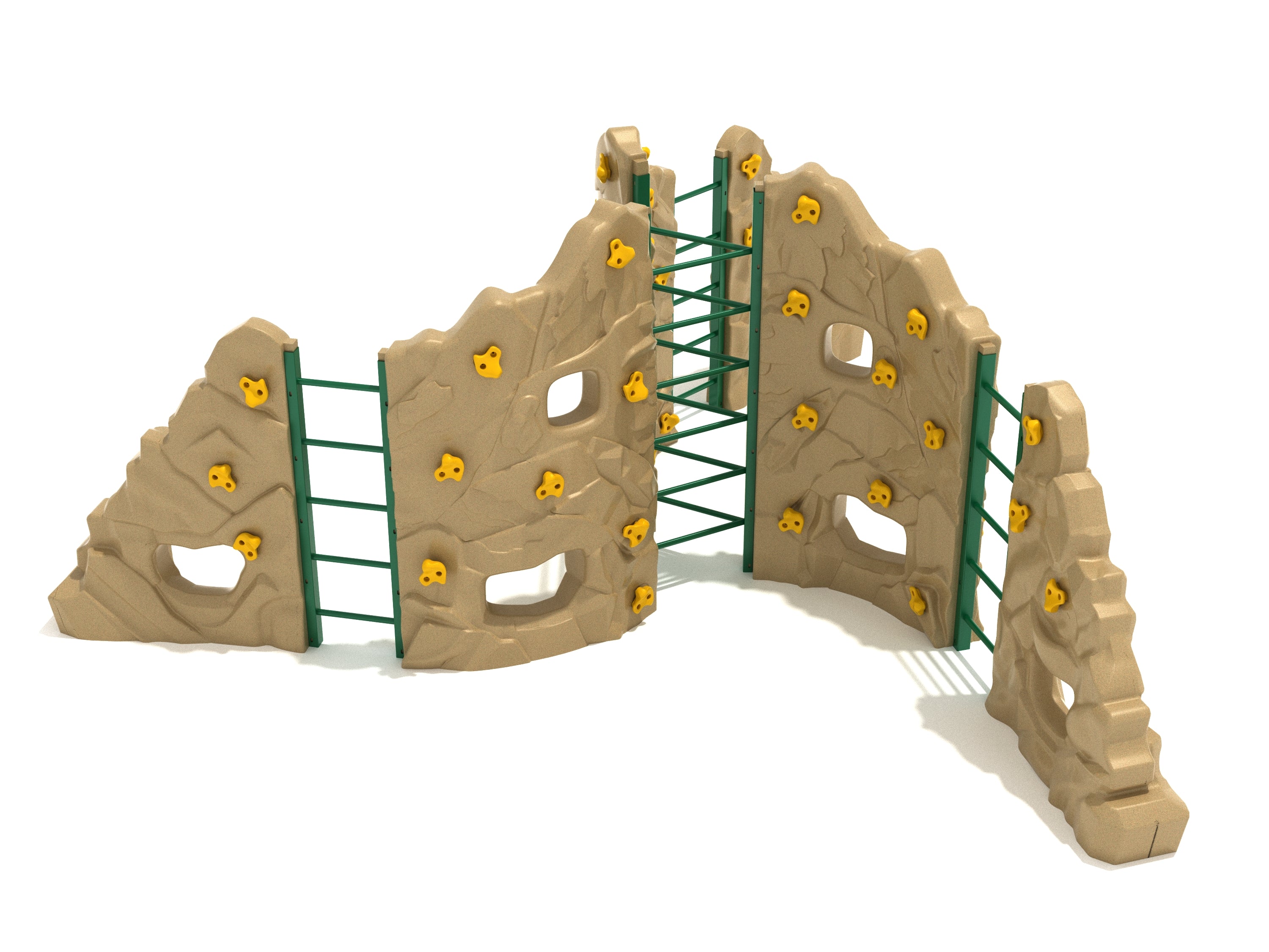 Beige rock climbing wall with yellow holds, green metal ladders, and peek-through openings for active playground climbing