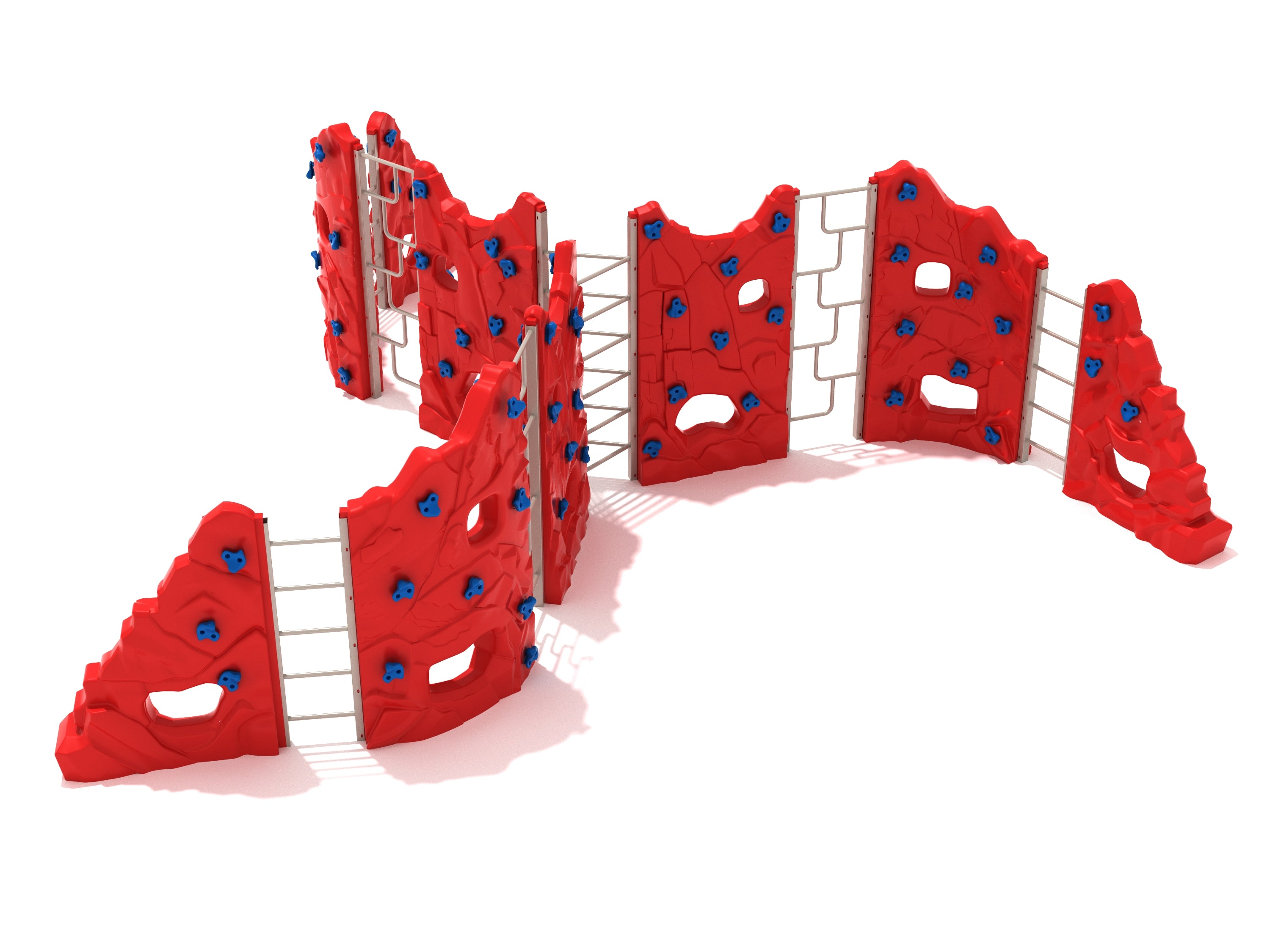 Red modular climbing wall with blue handholds and metal ladder sections for active playground climbing and coordination development.