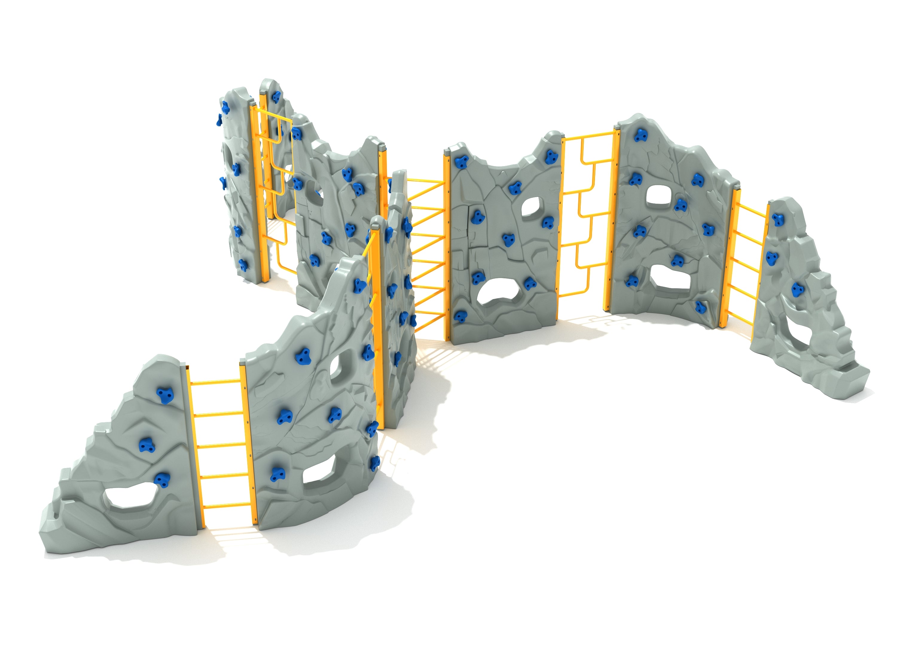 Craggy Range Climber playground climbing wall with gray rock panels, blue handholds, and yellow ladder links for active play