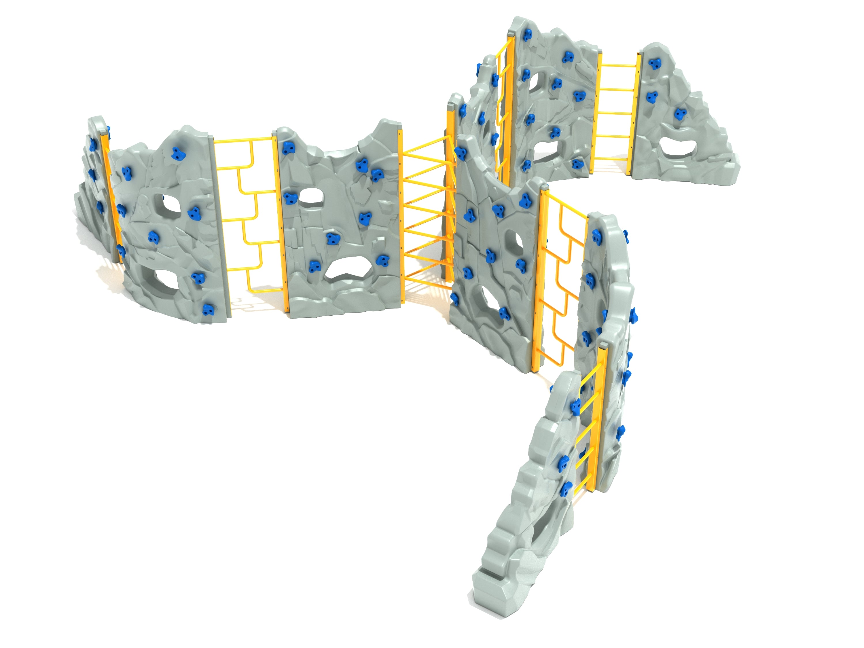 Outdoor climbing structure with gray rock panels, blue handholds, and yellow ladder links for active play and skill-building.