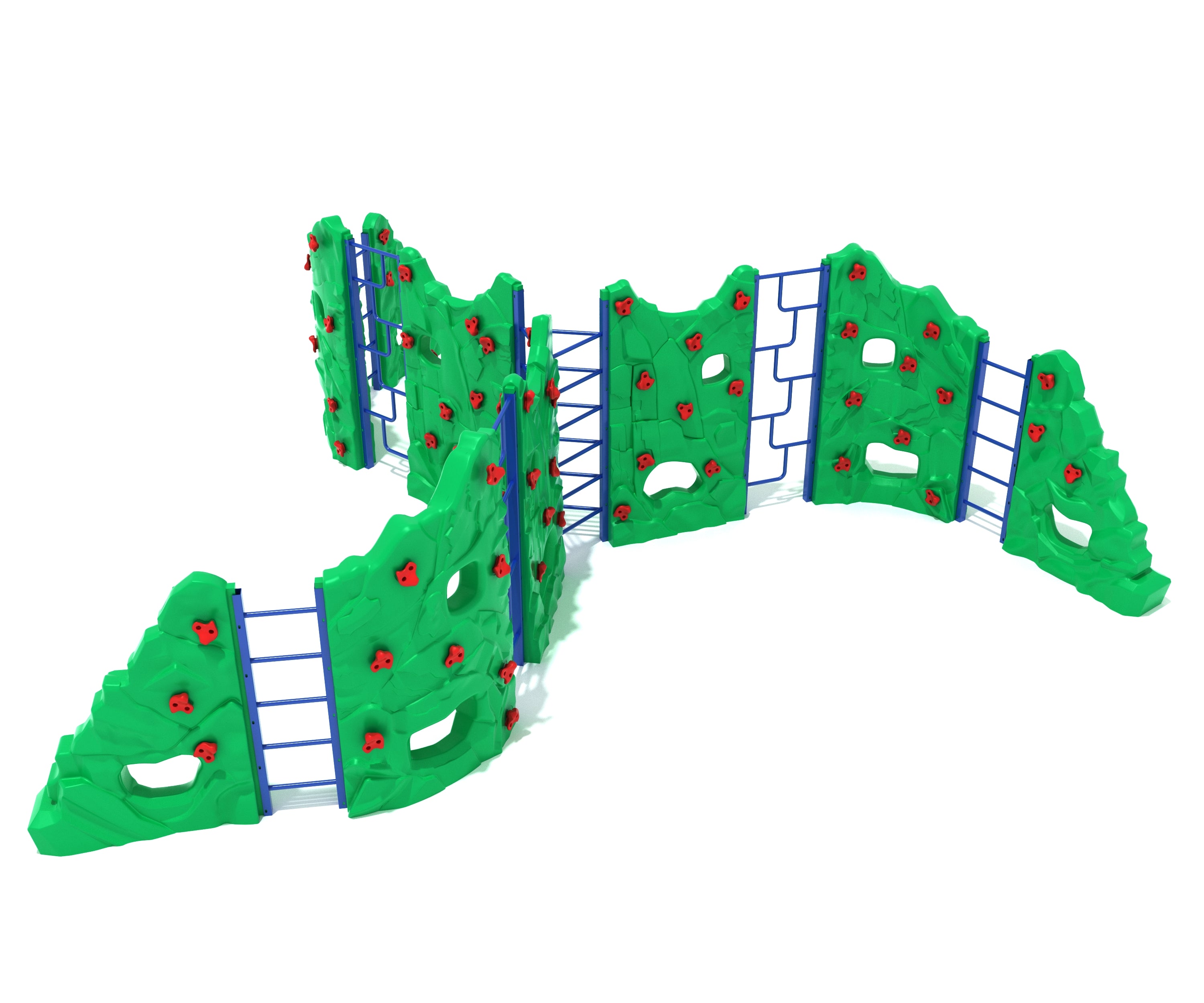 Freestanding outdoor climbing structure with green rock panels, red handholds, and blue ladder links for active play