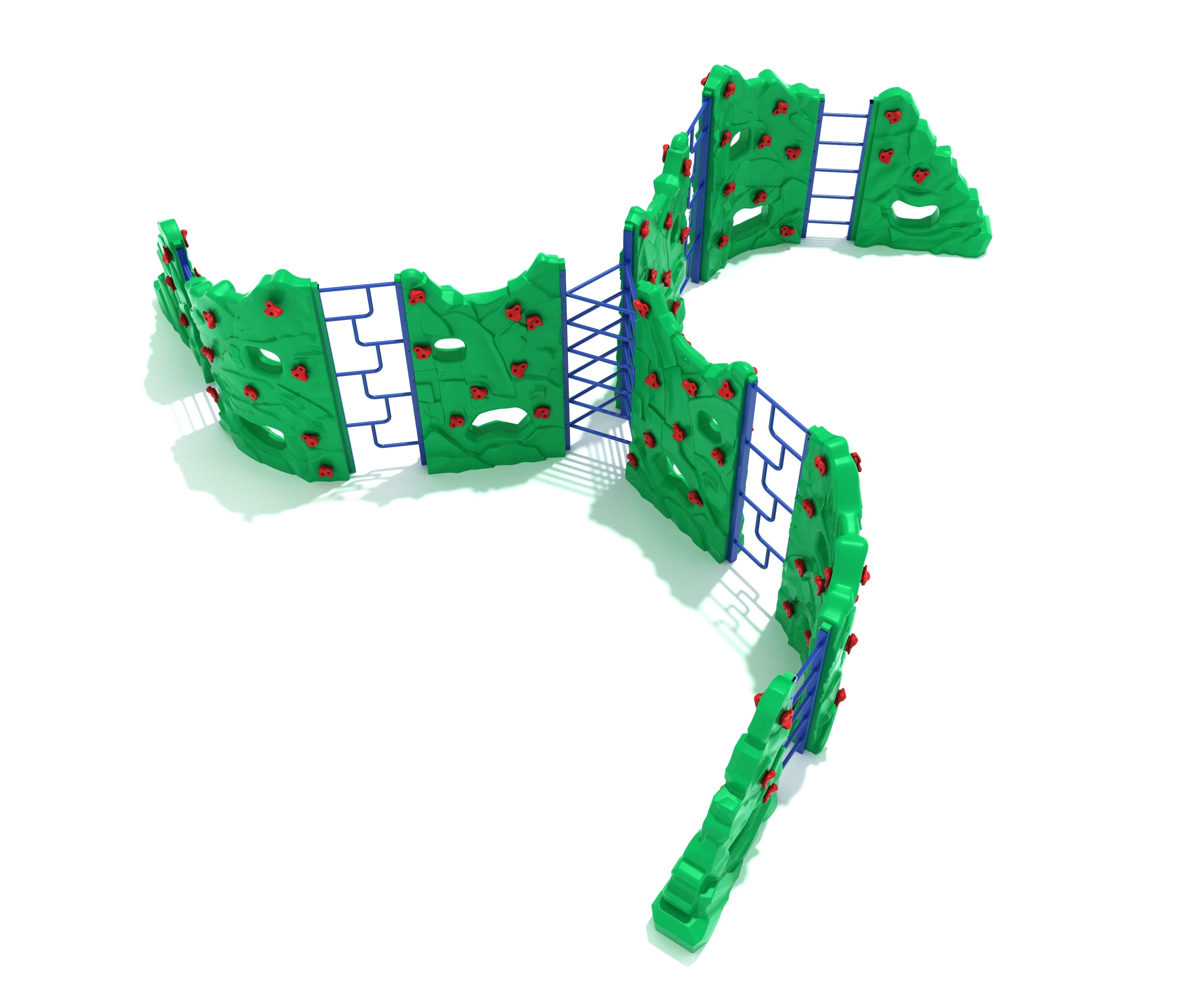 Overhead view of freestanding playground climber with green modular panels, red handholds, and blue ladder links