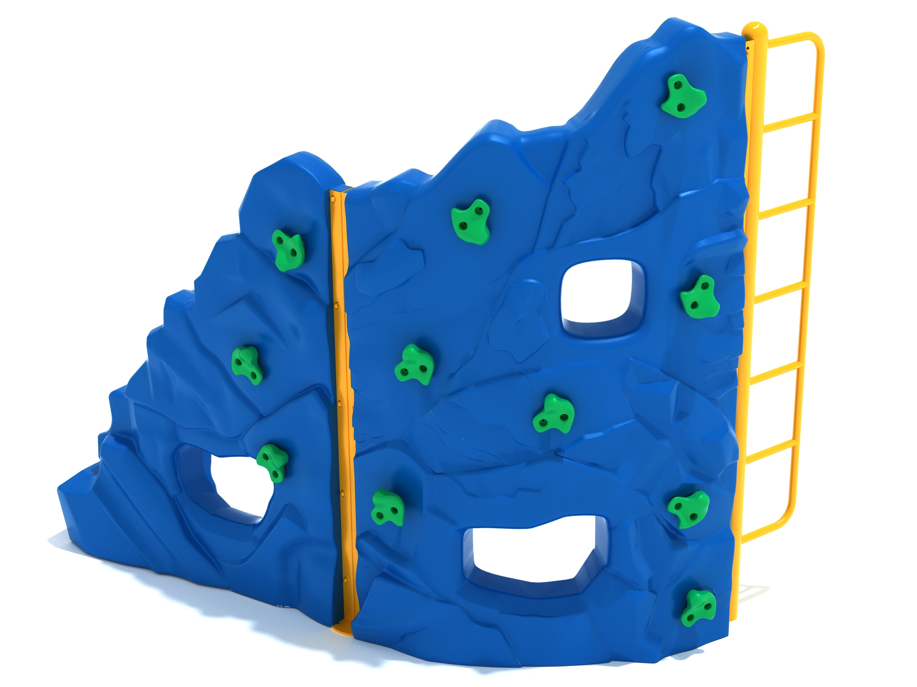 Blue freestanding climbing wall with green handholds, sculpted rock panels, peek-through windows, and yellow side ladder