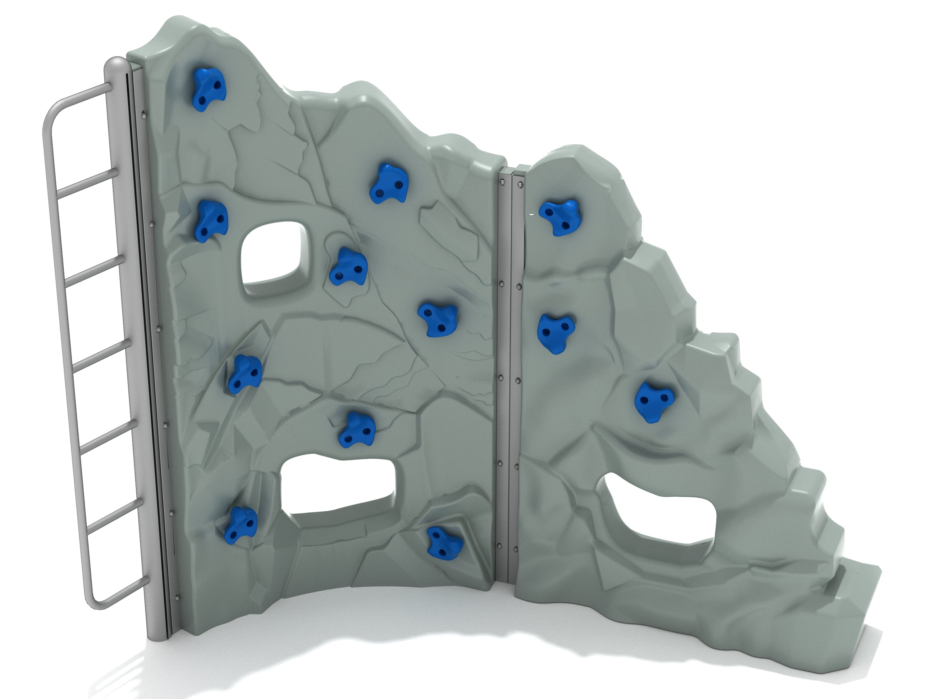 Compact freestanding climbing wall with gray sculpted rock panels, blue handholds, peek-through windows, and side ladder access