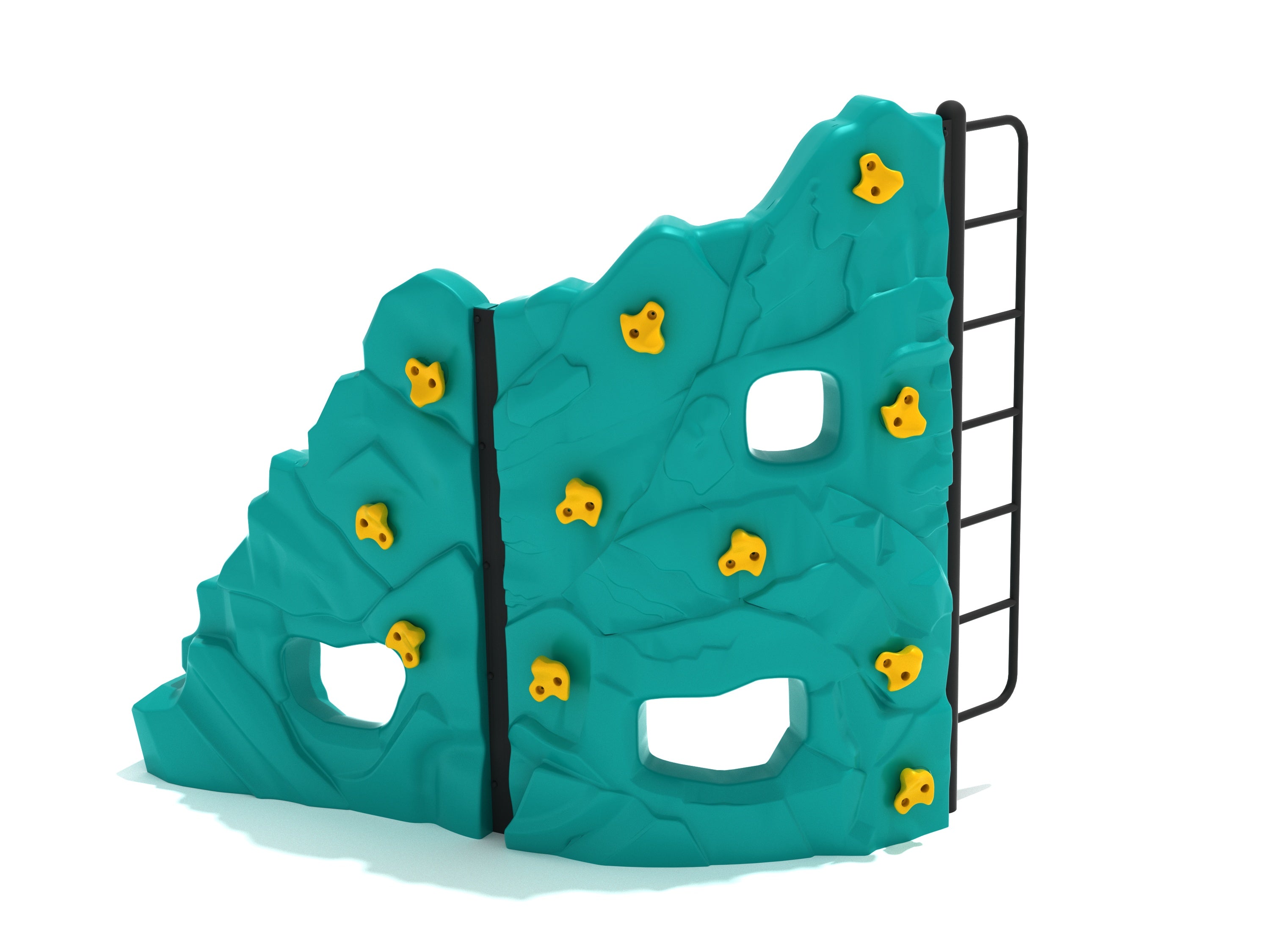 Freestanding teal climbing wall with yellow handholds, sculpted rock panels, peek-through windows, and black side ladder for active play.