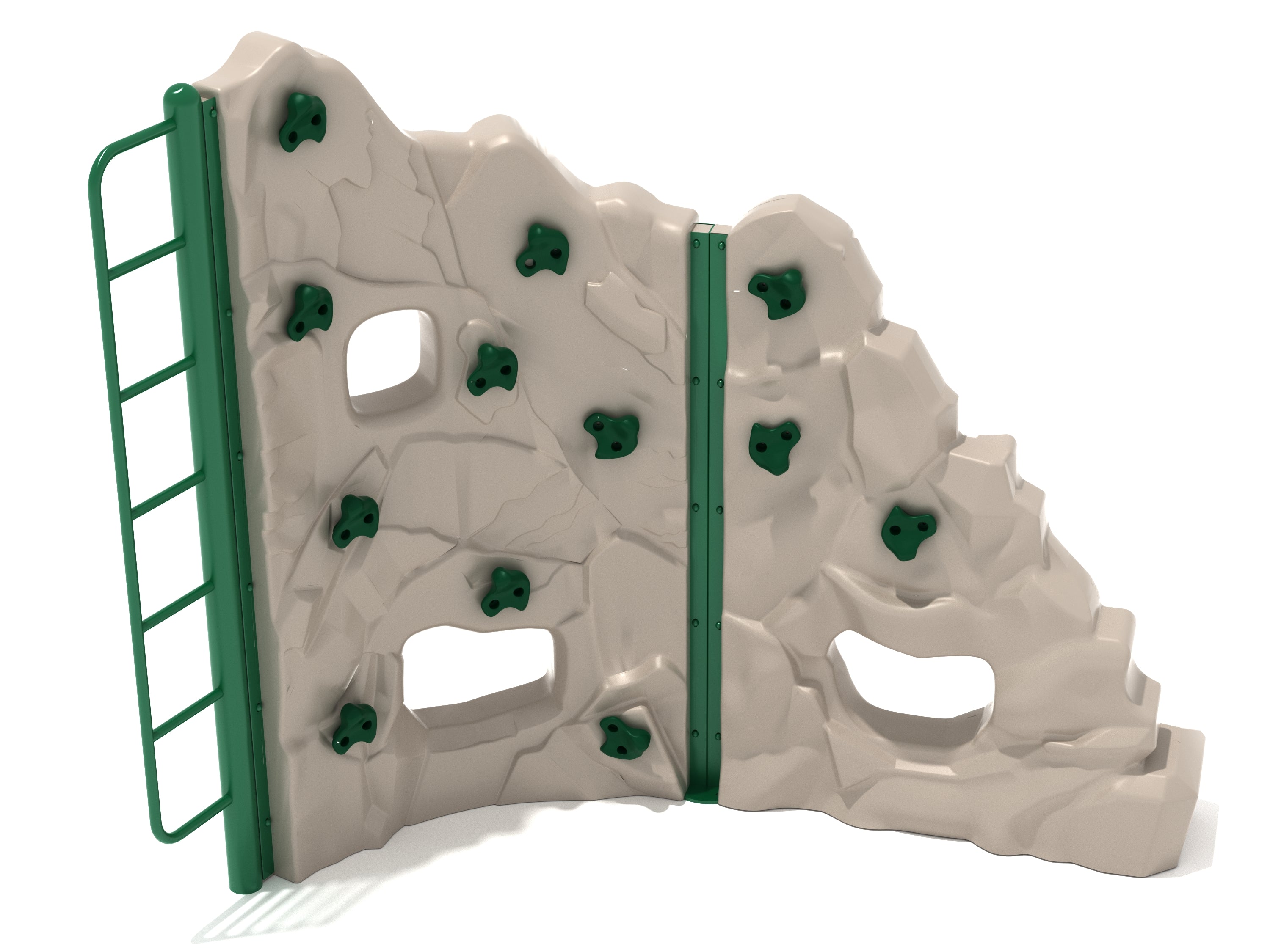 Compact freestanding climbing wall with neutral-toned sculpted rock panels, green handholds, peek-through windows, and side ladder access