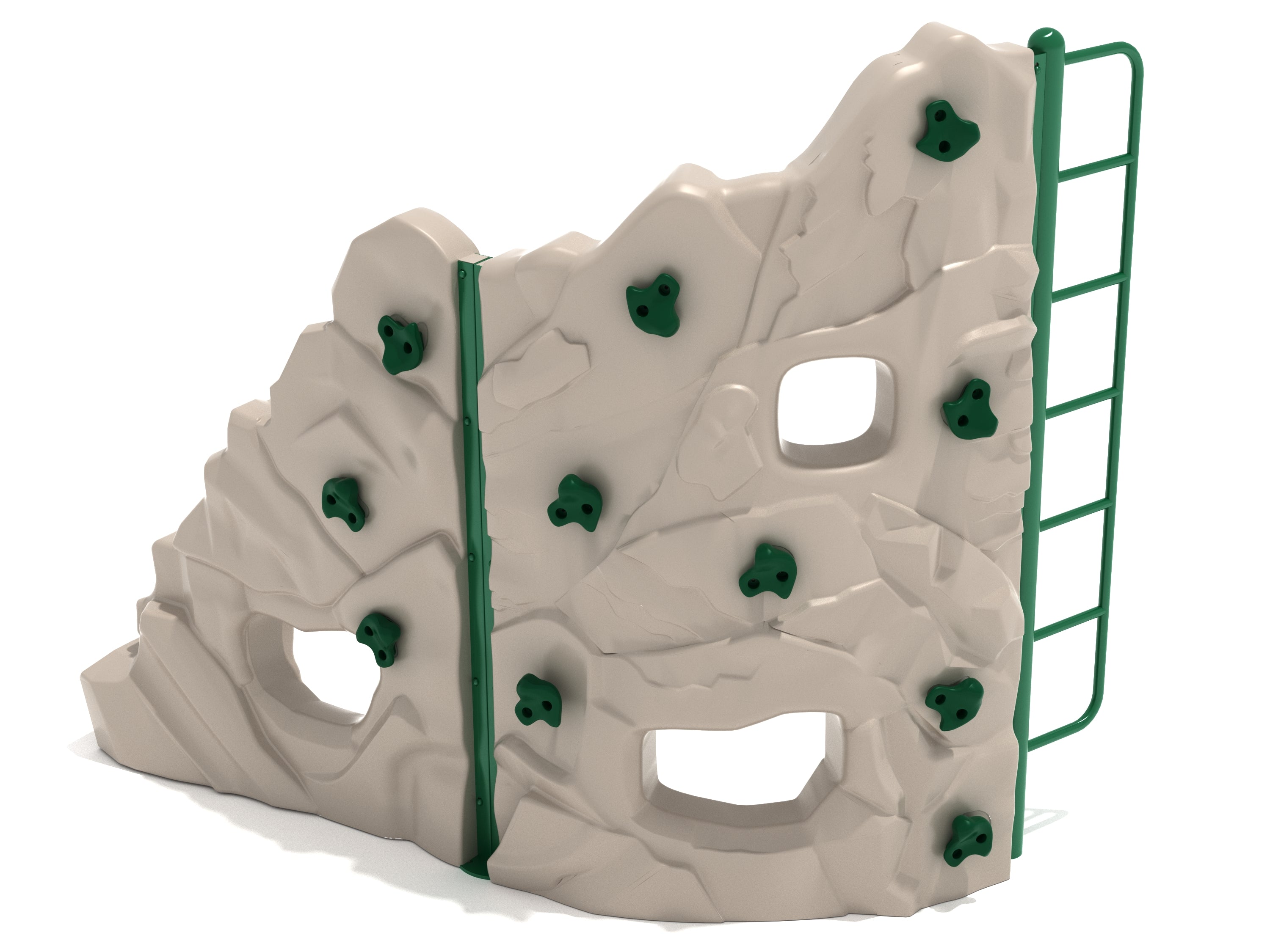 Compact freestanding children's climbing wall with beige sculpted rock panels, green handholds, peek-through windows, and side ladder.