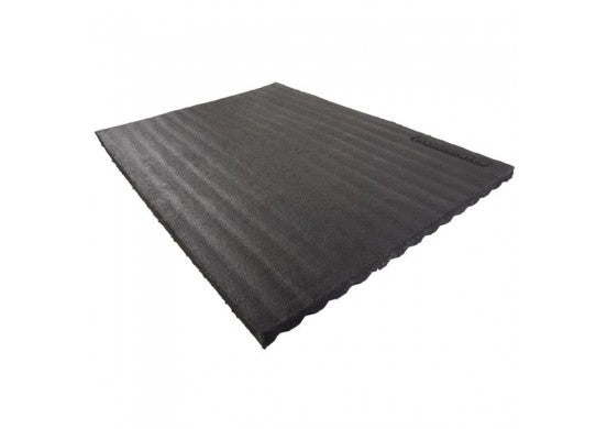 Black rubber playground safety mat with ridged texture and beveled edges, designed for impact absorption and slip resistance under swings and slides