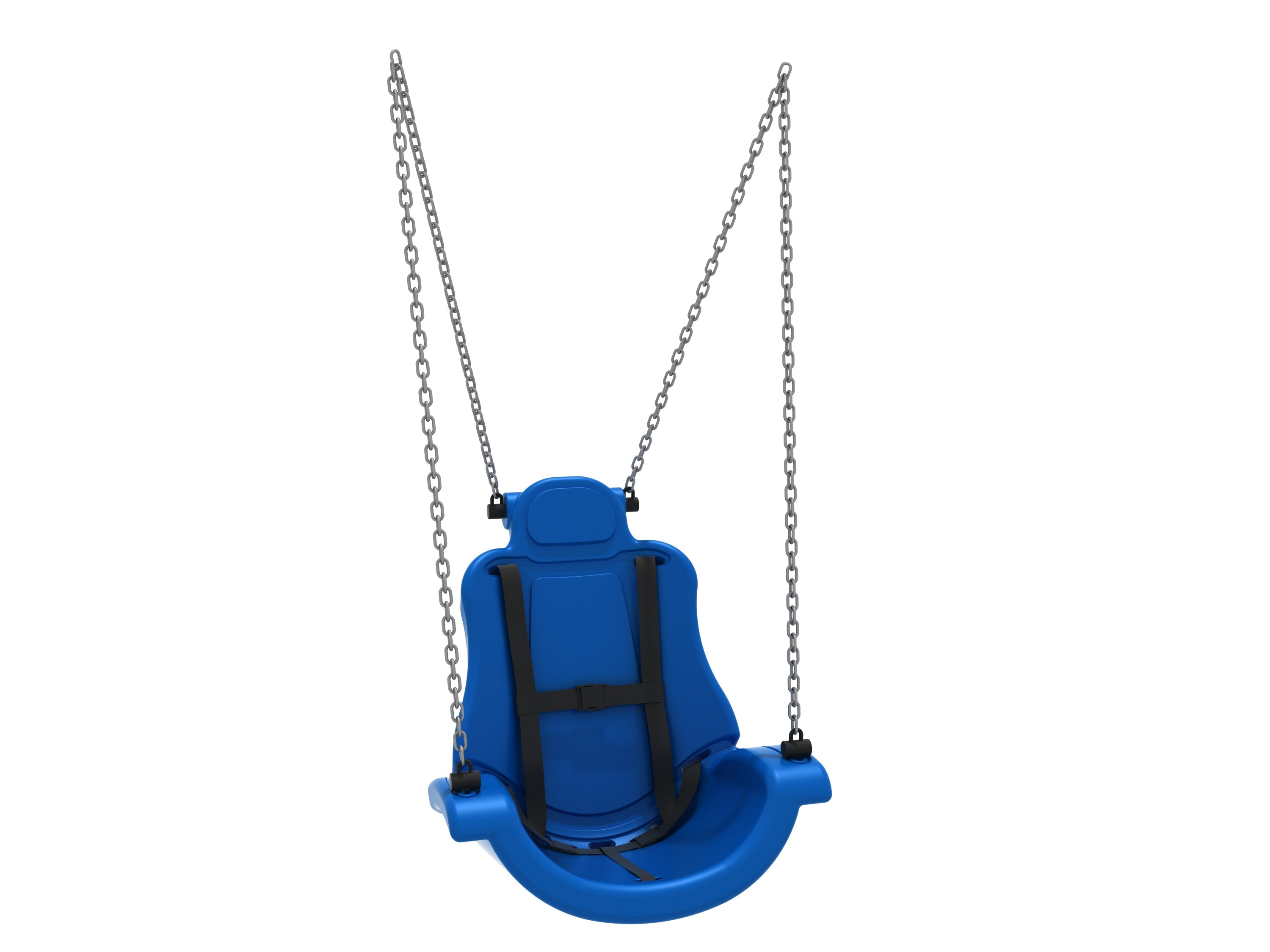 Blue adaptive swing seat with supportive backrest, safety harness, and metal chains for inclusive playground use