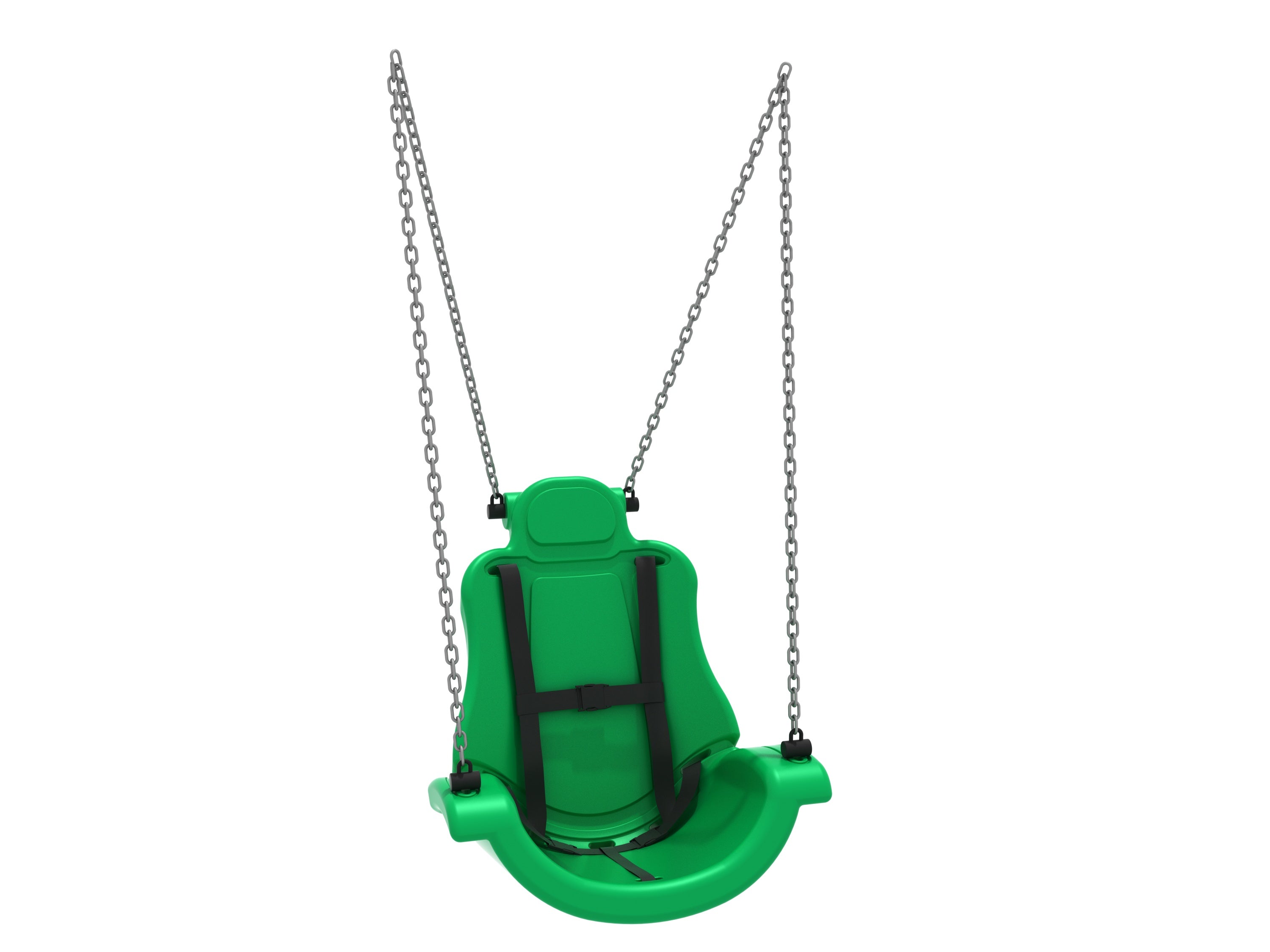 Green adaptive swing seat with harness and metal chains for inclusive playground use