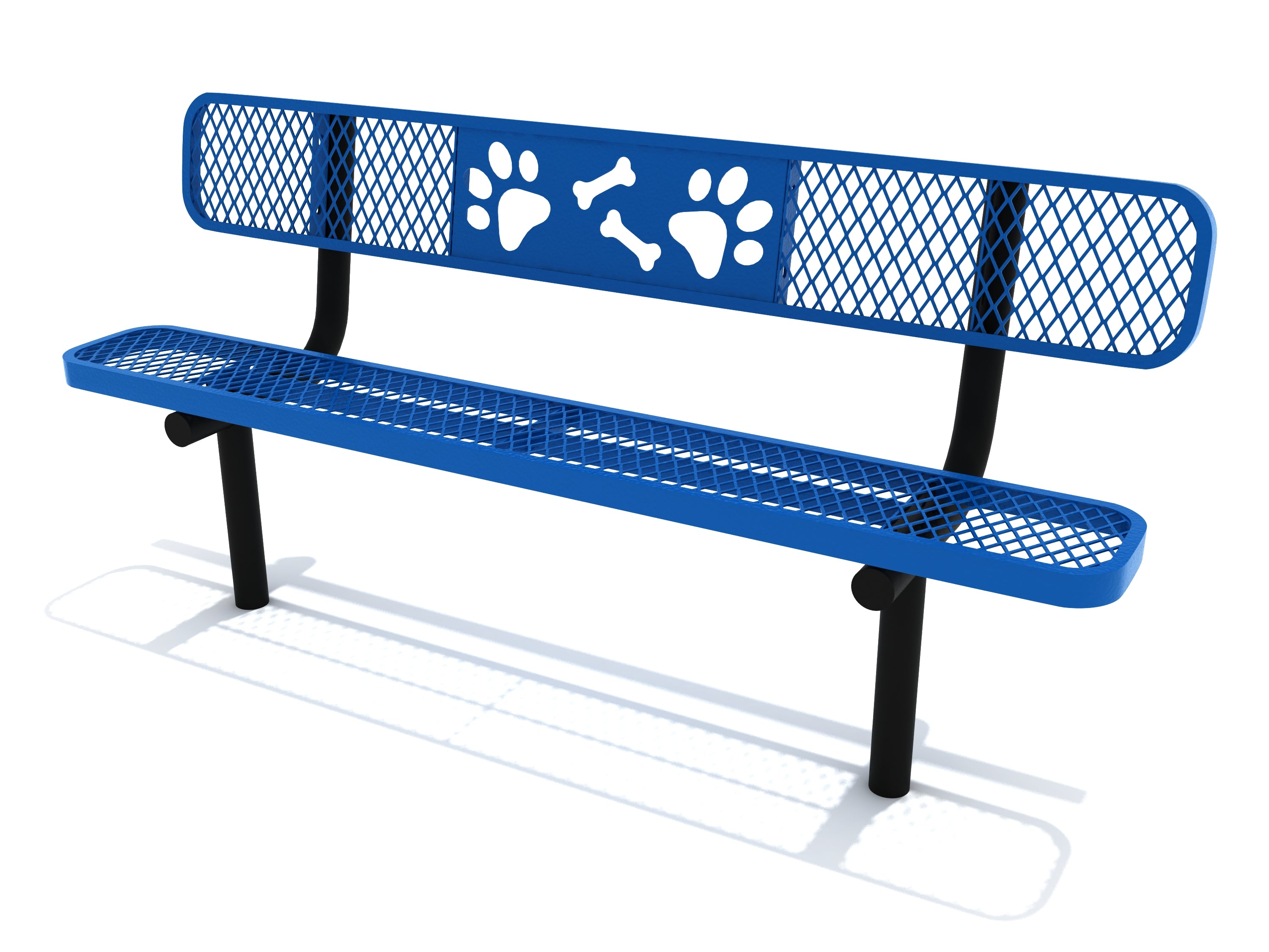 6 ft Dog Park Bench in Neptune Blue with metal mesh seat and backrest featuring paw print and bone cutout motifs