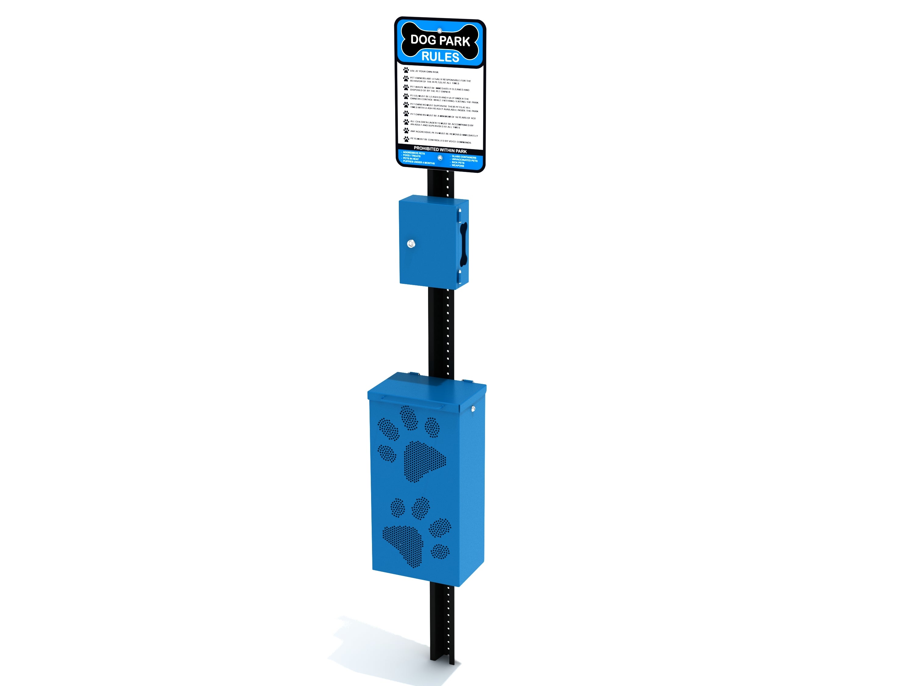 Neptune blue pet waste station with integrated dog park rules sign, waste bag dispenser, and paw print perforated receptacle
