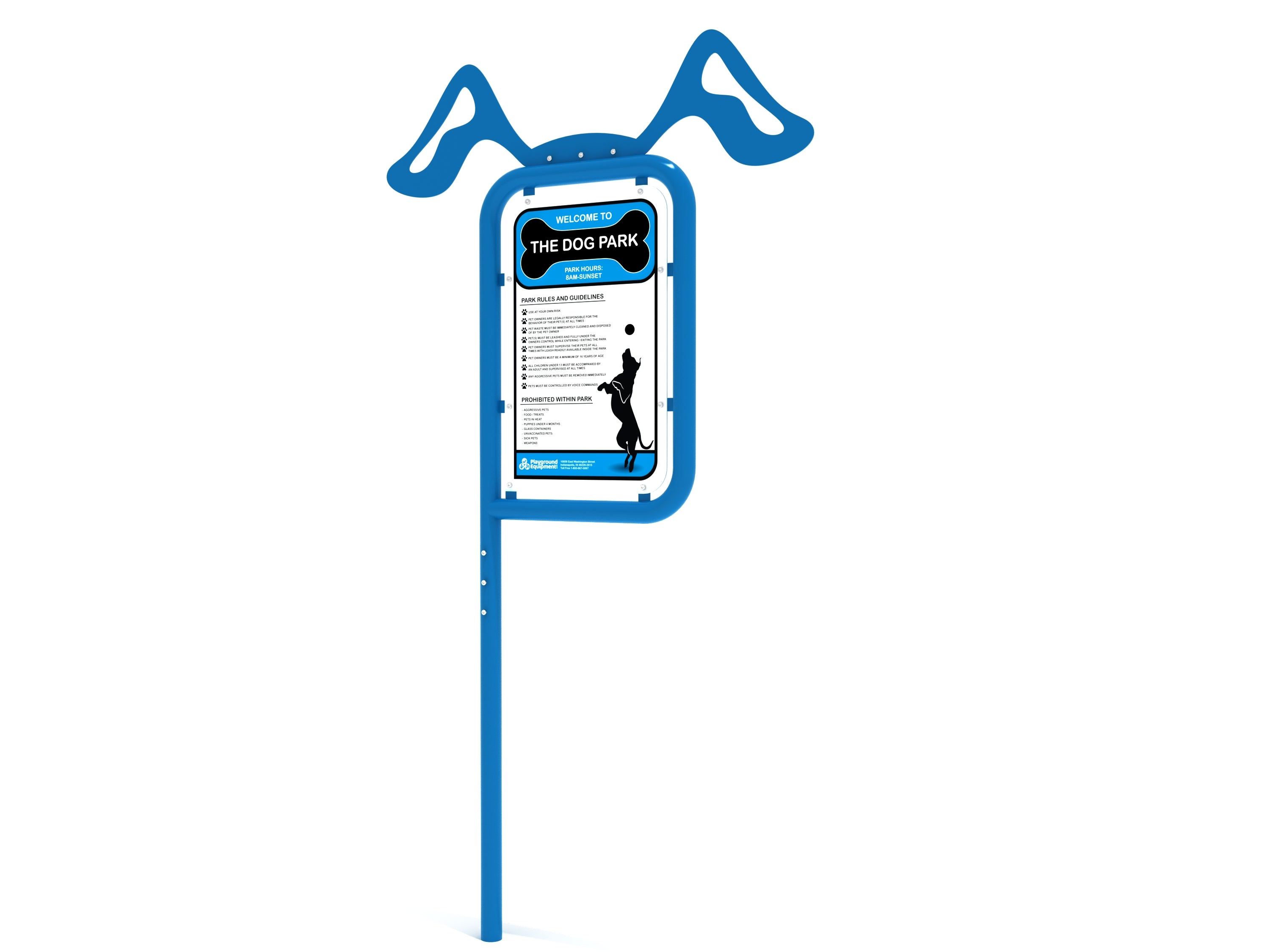 Blue dog park sign with playful ear-shaped accents, park hours, rules, and silhouette of a jumping dog