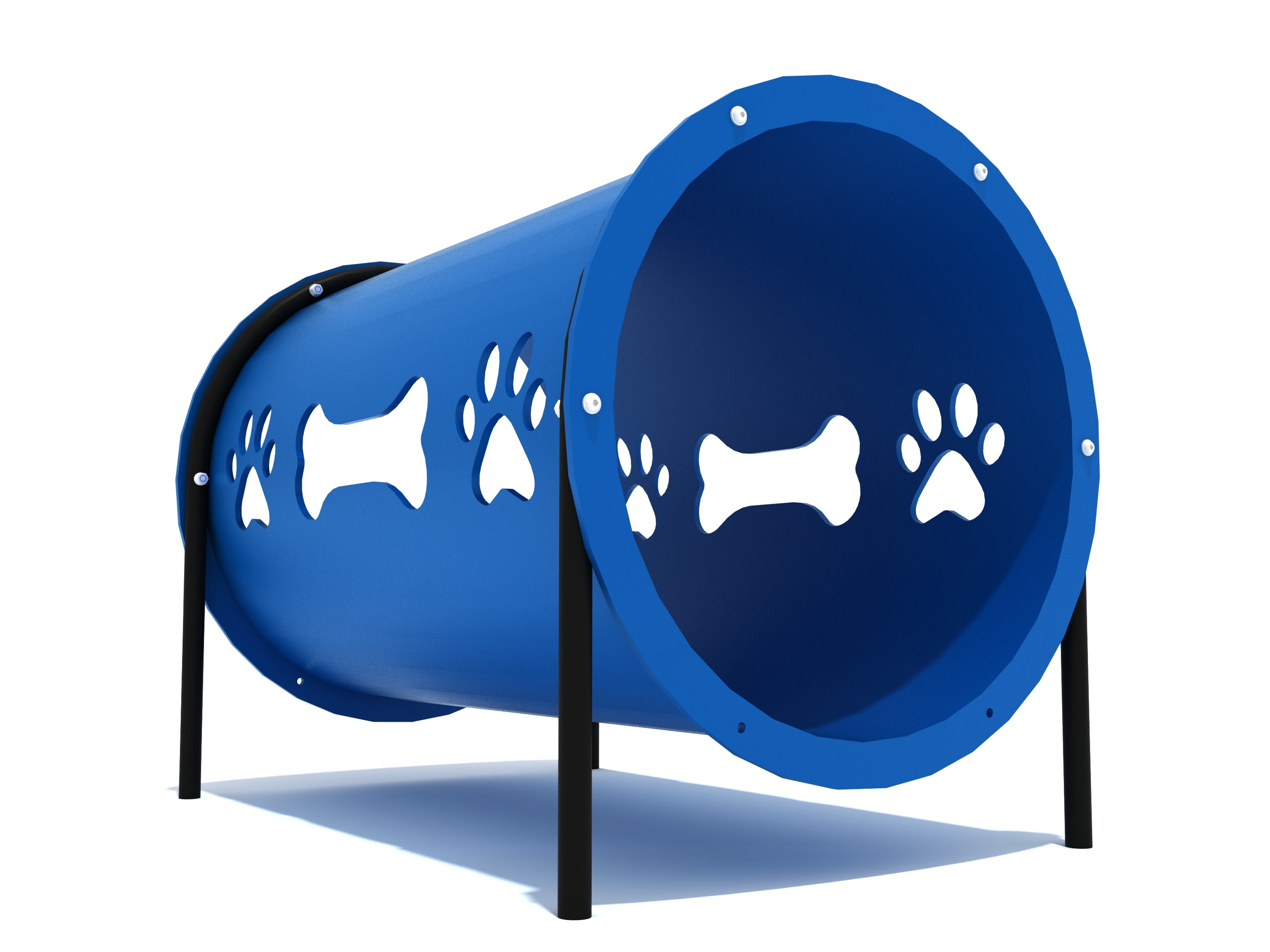 Neptune blue dog agility tunnel on black metal legs with paw and bone cutout shapes along the sides