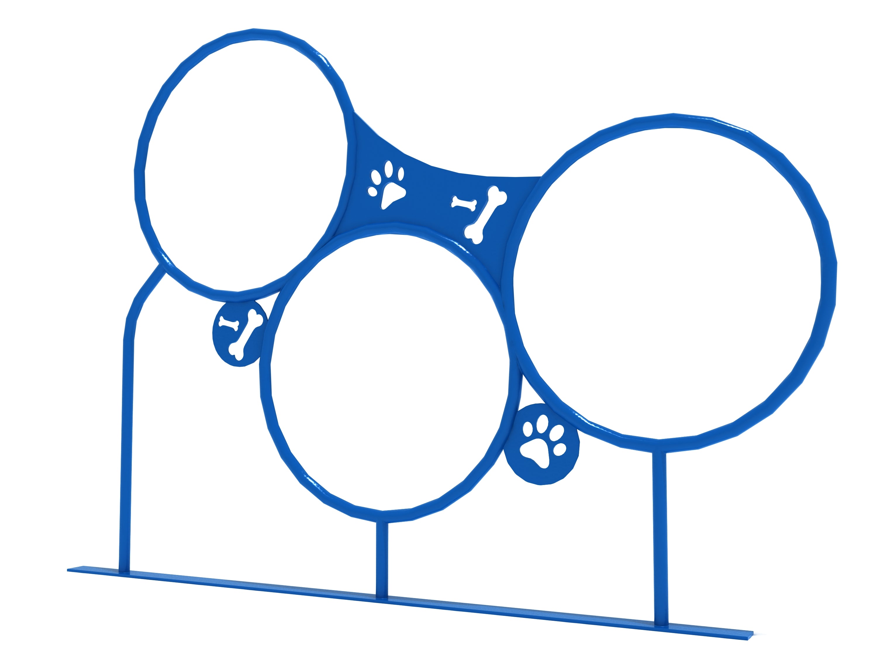 Three Hoop Dog Rings Neptune Blue agility obstacle with three varying height hoops featuring paw print and bone cutouts for dog park play
