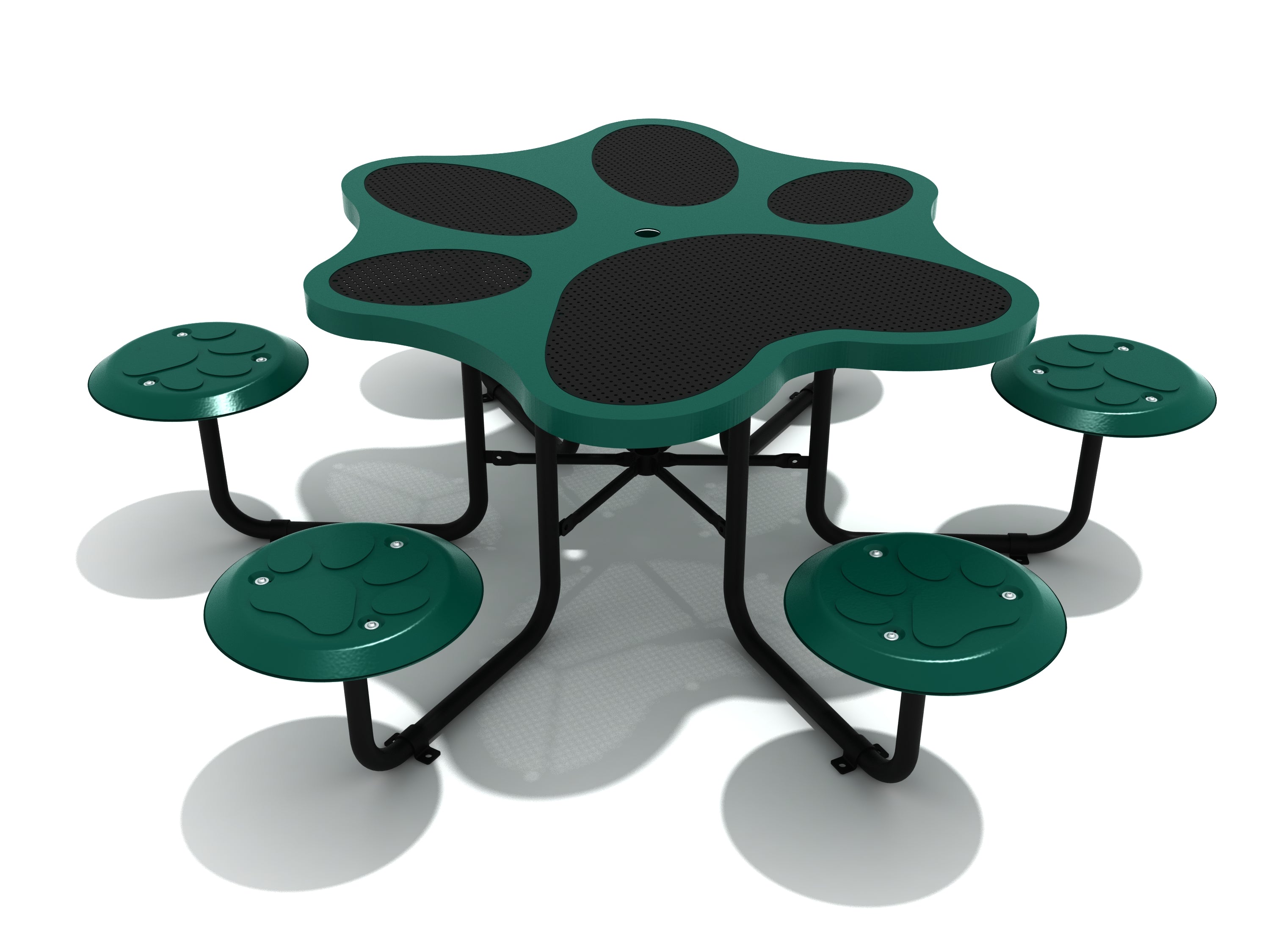 Paw Print Table in dark green with large paw print tabletop and six paw-textured backless seats, designed for dog parks