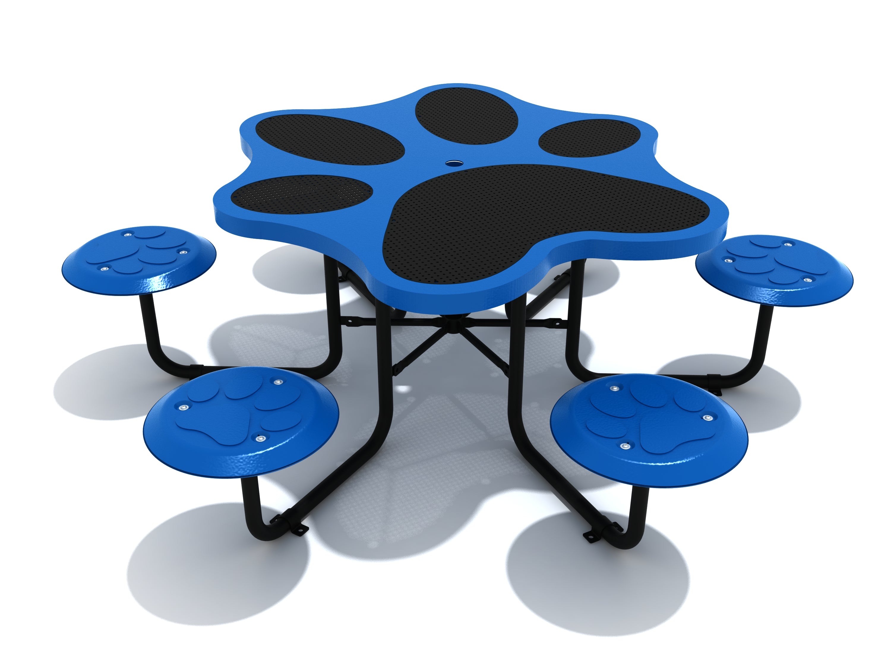 Neptune blue outdoor table with six backless seats featuring paw-print textures and a large paw print design on the tabletop