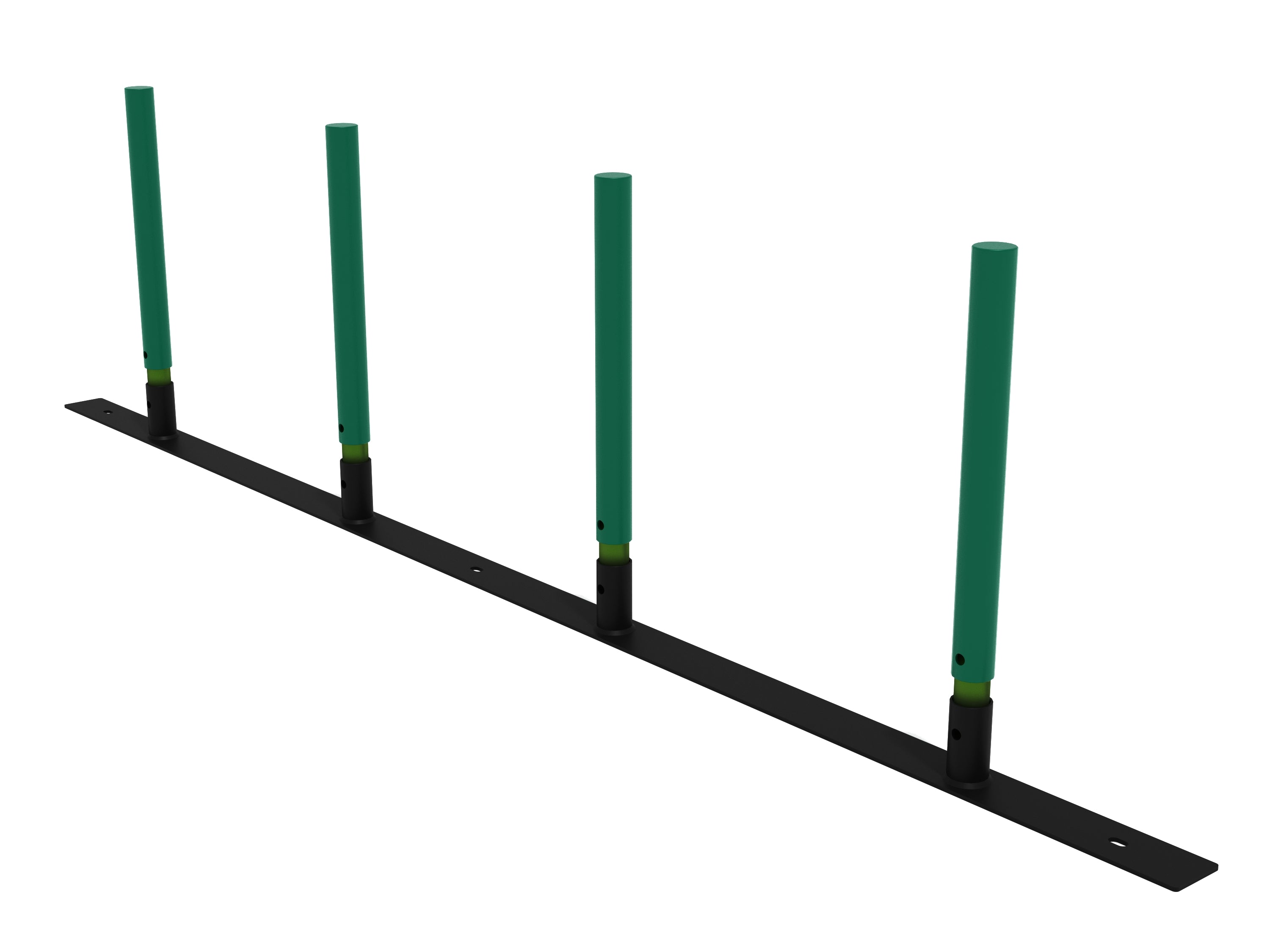 Four dark green powder-coated steel dog agility weave poles mounted on a black metal base for training and exercise