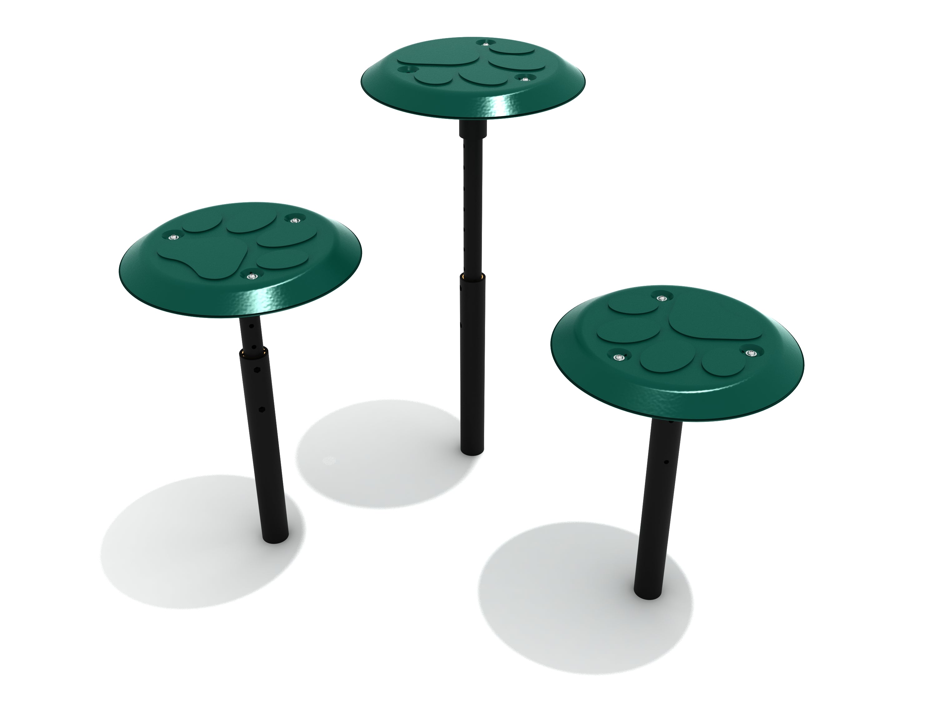 Three dark green elevated paw-shaped dog agility platforms with textured surfaces and adjustable black supports
