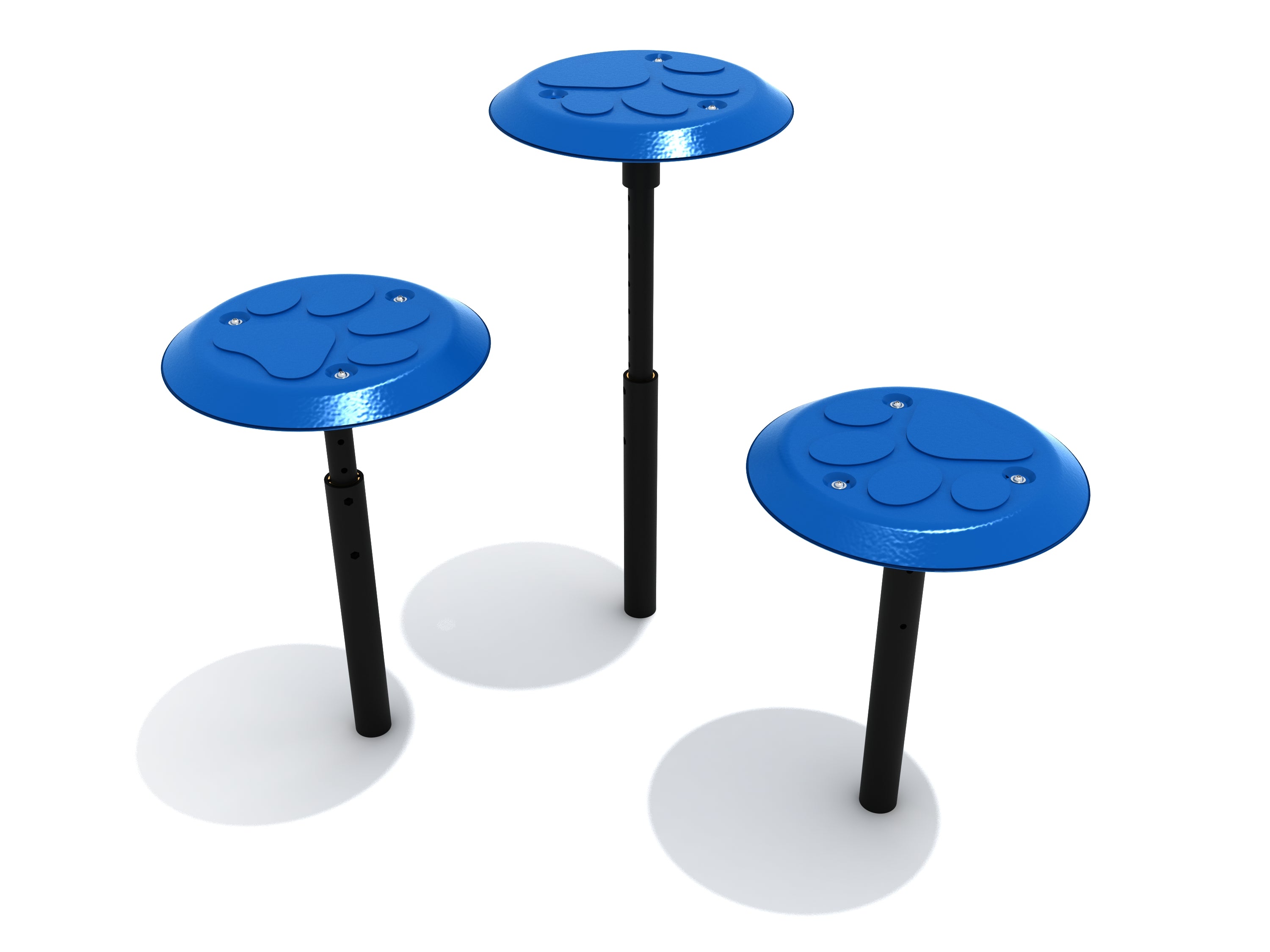 Three elevated blue paw-shaped dog agility platforms with textured surfaces and adjustable black supports