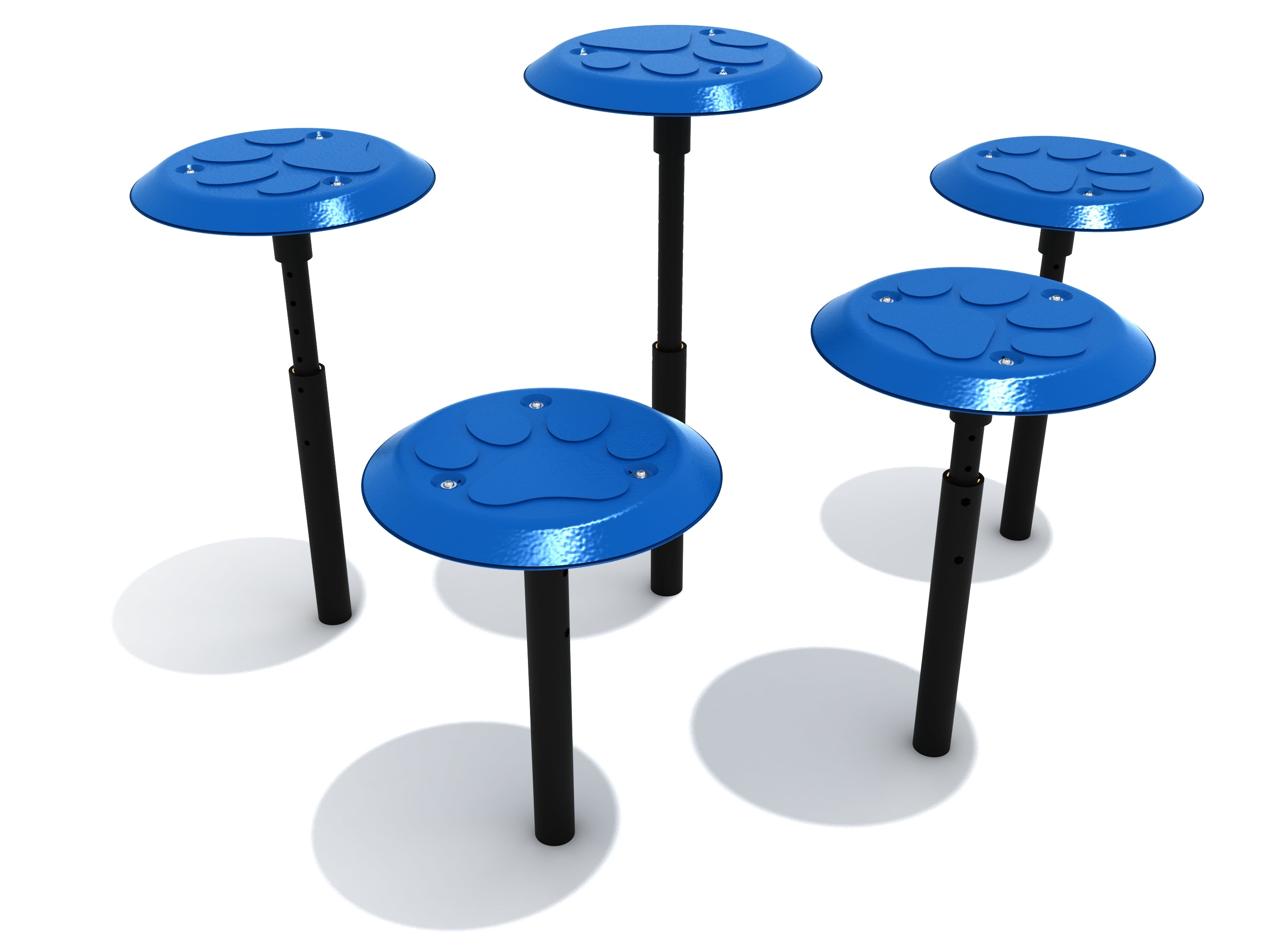 Set of five elevated blue paw-shaped dog agility steps with textured, slip-resistant surfaces and adjustable black supports