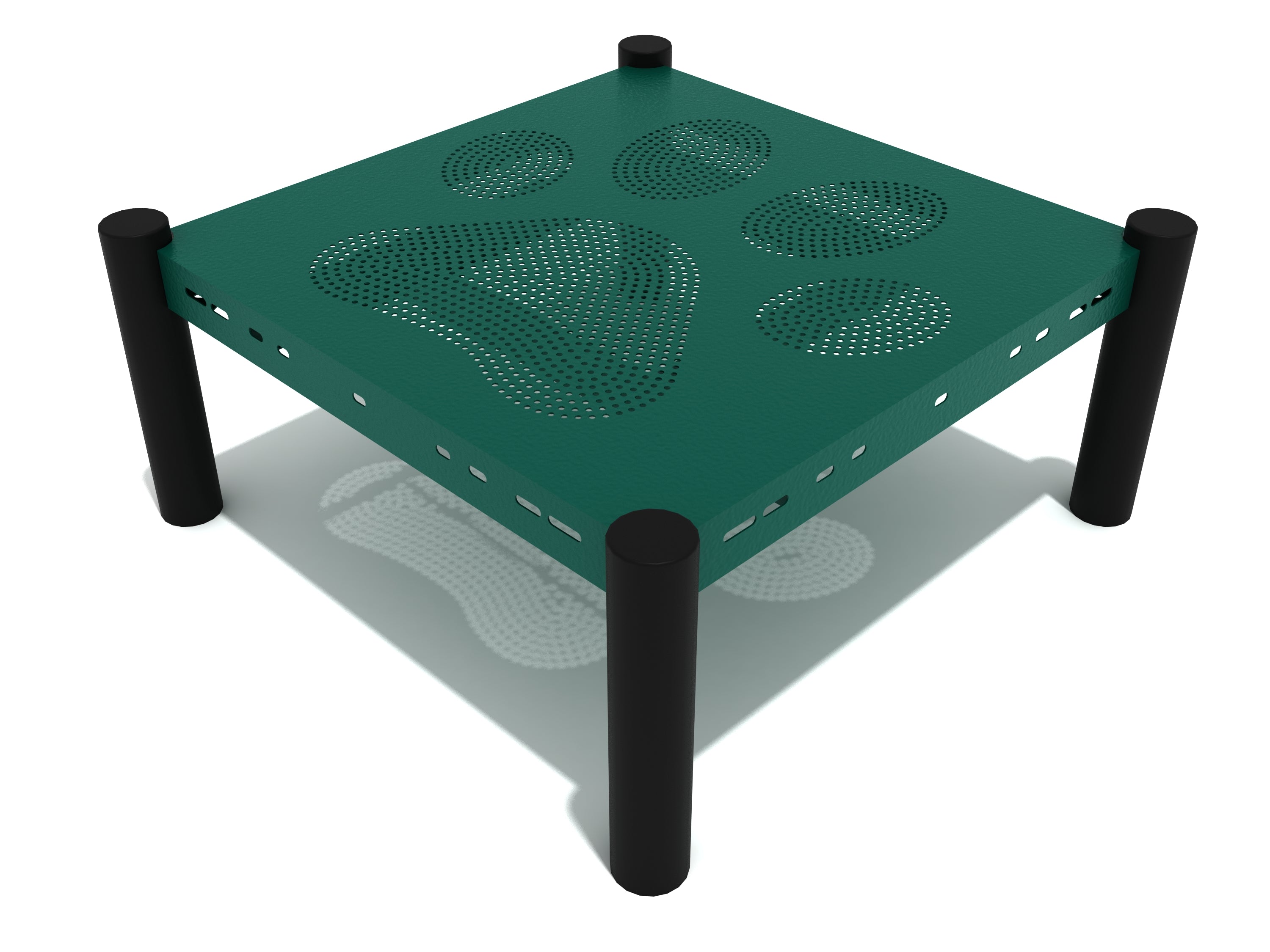 Paw Print Grooming Deck in dark green with perforated steel surface featuring paw print cutouts and black legs
