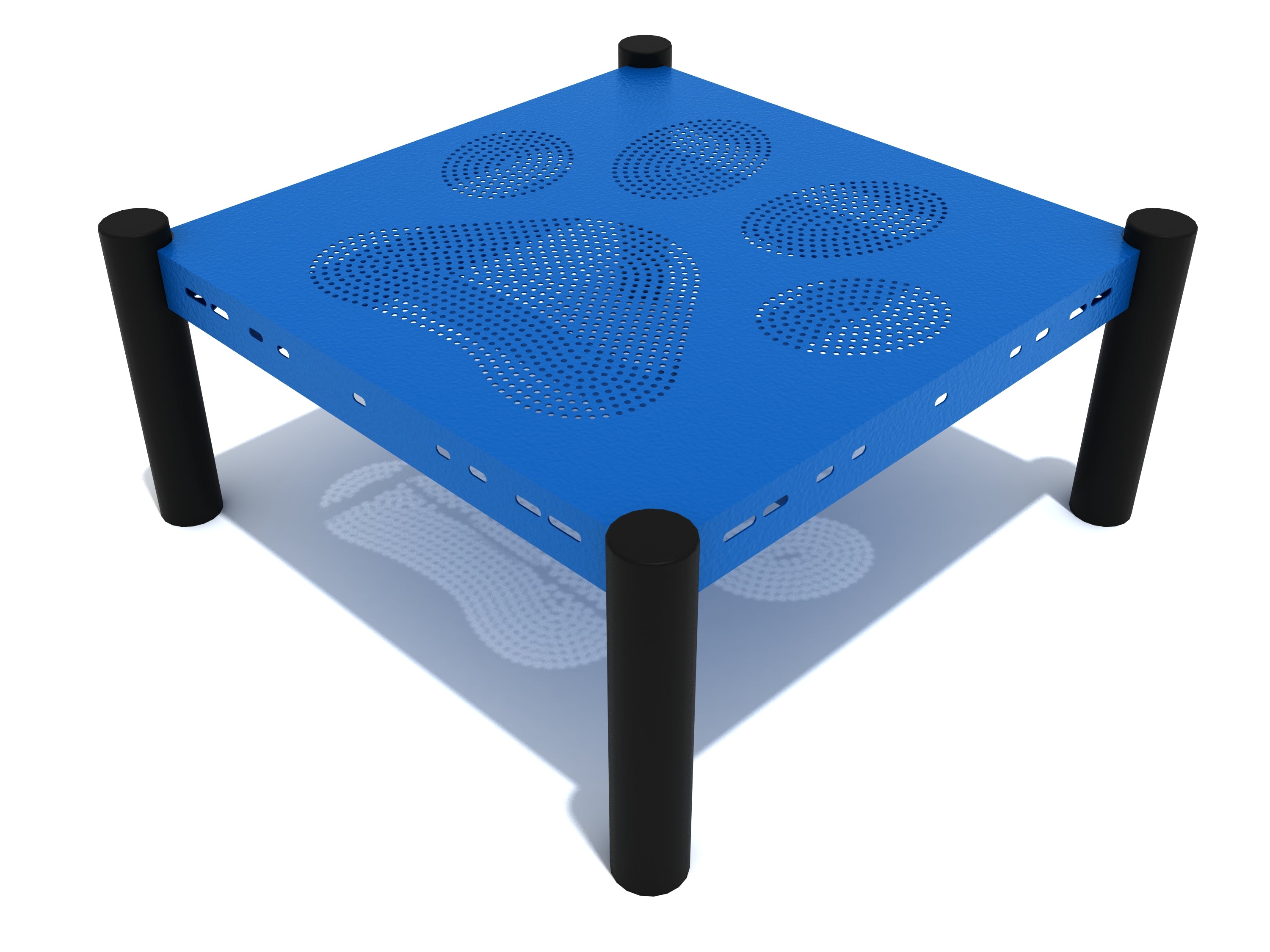 Elevated blue perforated steel pet grooming deck with paw print cutouts and black cylindrical legs