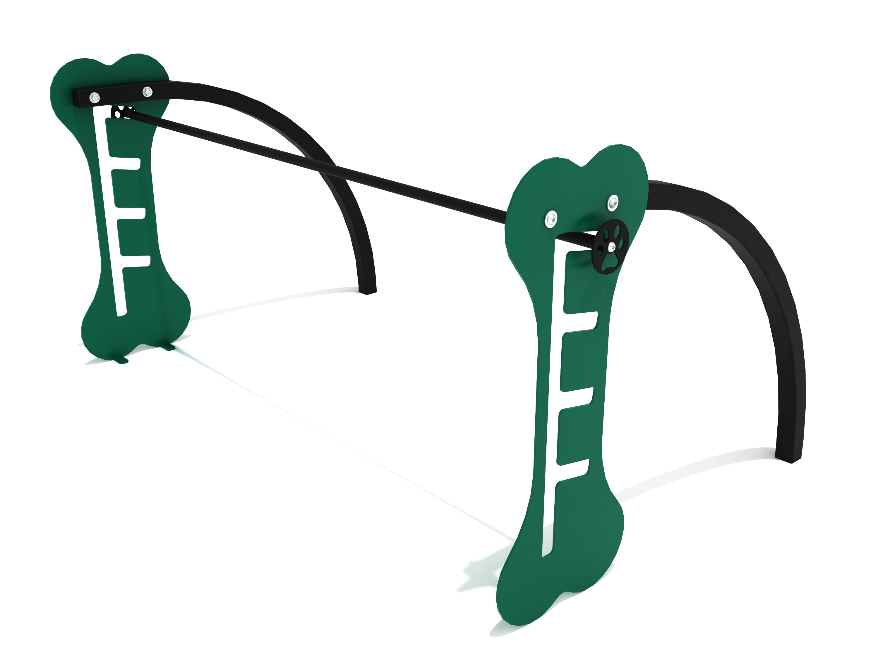 Dark green dog agility jump bar with bone-shaped pedestals and adjustable black horizontal bar